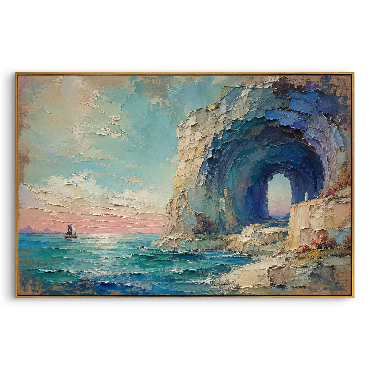 "Calypso Sea Cave Farewell" - Modern Heavy Impasto Coastal Landscape | Blue & Green Palette Knife Painting | Luxury Horizontal Wall Art #PT 1217