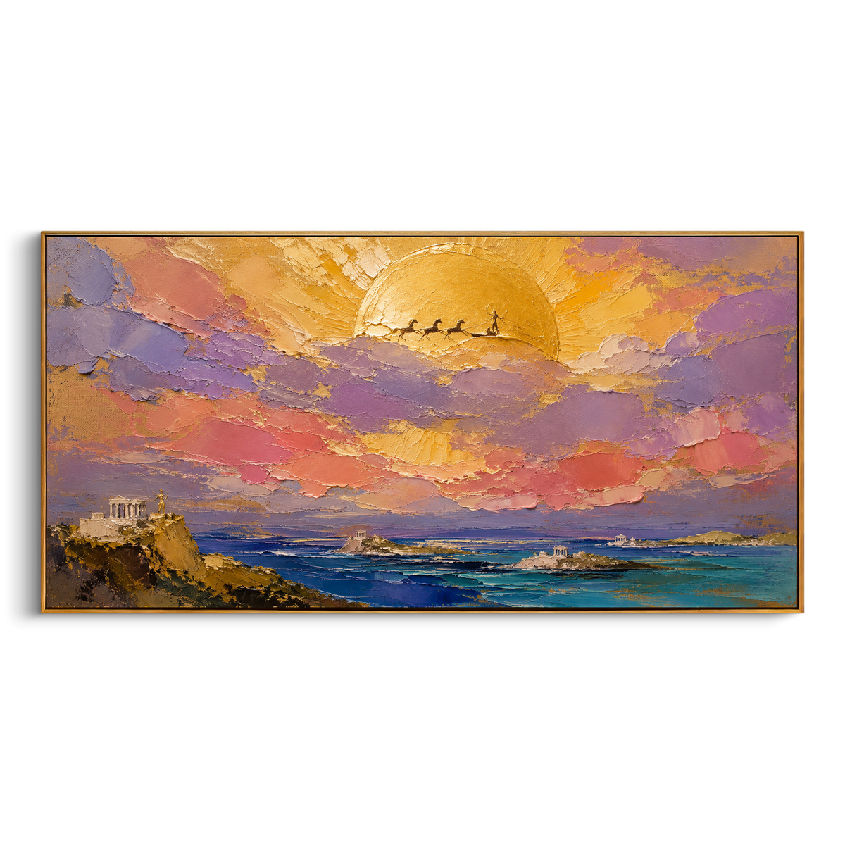 "Helios Chariot Over The Aegean" - Modern Heavy Impasto Coastal Landscape | Golden & Pink Palette Knife Painting | Luxury Horizontal Wall Art #PT 1218