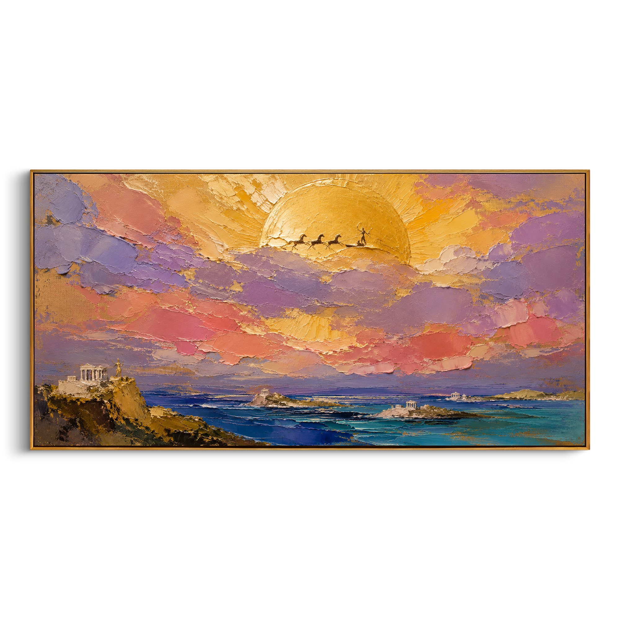 "Helios Chariot Over The Aegean" brings the divine sky of the Odyssey into a panoramic coastal vision. The sun is not just sunset; it becomes Helios crossing the heavens above scattered temples and blue water, a reminder of the sacred forces Odysseus cannot ignore. The small chariot silhouette gives the glowing sky a mythic center, while the island architecture below anchors the scene in Greek memory. Layered impasto clouds and shimmering sea color make this wide artwork a powerful focal point
