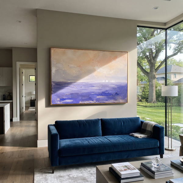 "Lotus Sea Of Forgetting" - Modern Heavy Impasto Coastal Landscape | Blue & Pink Palette Knife Painting | Luxury Horizontal Wall Art #PT 1219