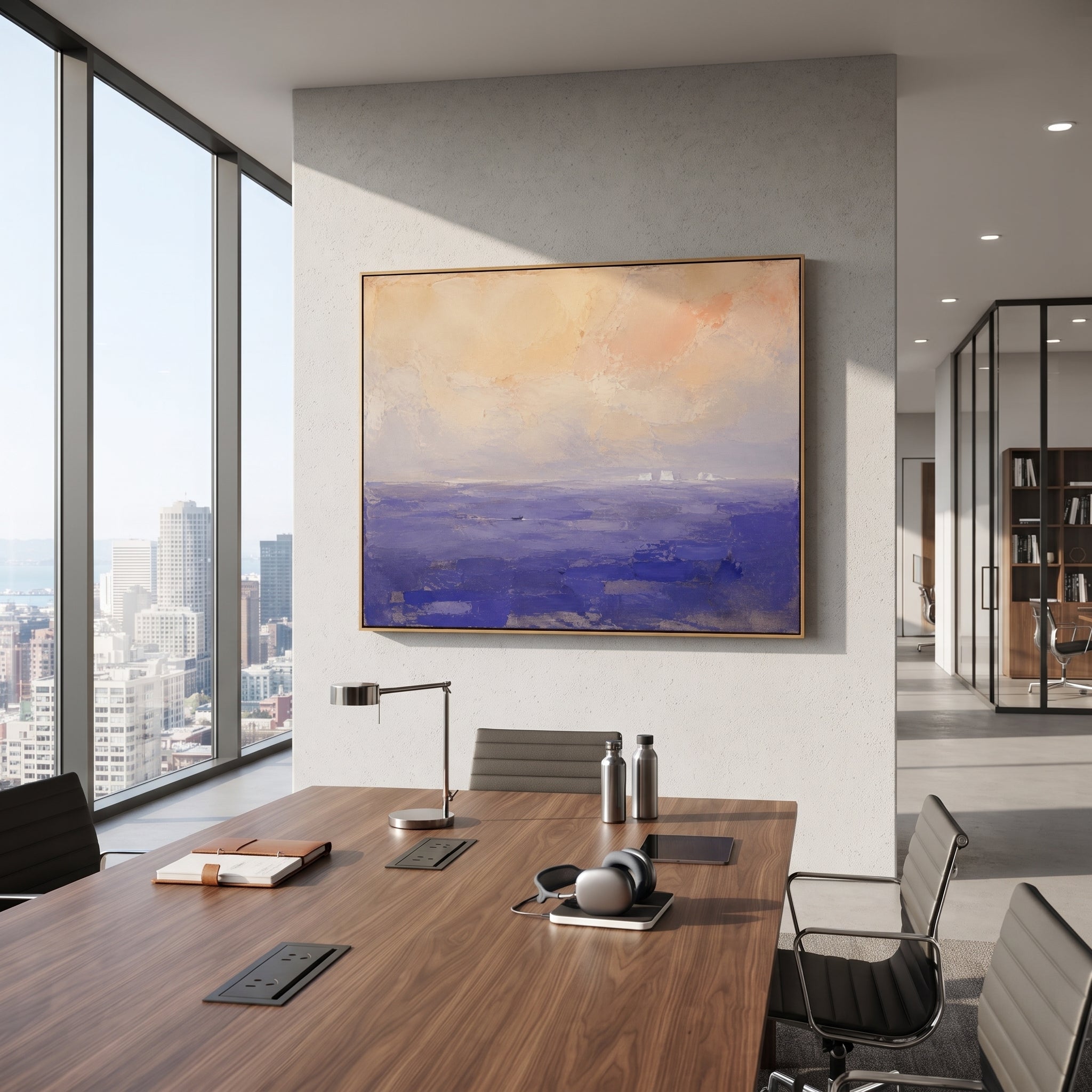 "Lotus Sea Of Forgetting" interprets the Lotus Eaters episode as a nearly empty seascape where stillness becomes temptation. The small boat is almost swallowed by blue water and soft pink light, as if the crew could forget the urgency of home in the beauty of the horizon. Instead of showing figures, the painting lets color and distance tell the story of delay, dream, and fragile memory. Its restrained impasto surface and open horizontal format bring a poetic Odyssey calm to bedrooms, living