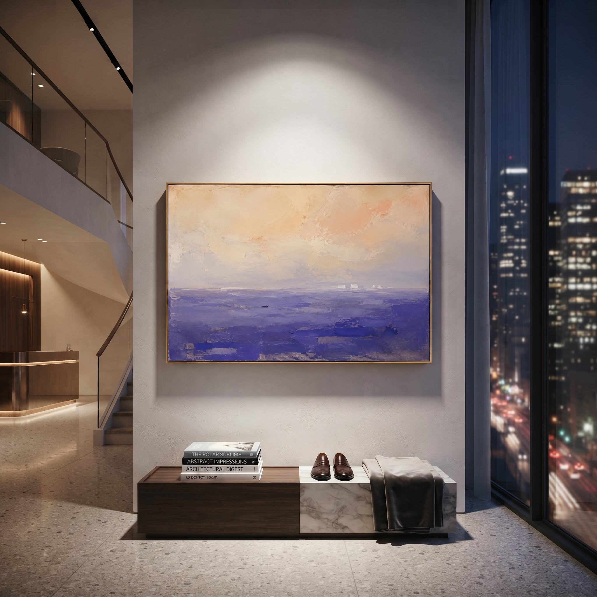 "Lotus Sea Of Forgetting" interprets the Lotus Eaters episode as a nearly empty seascape where stillness becomes temptation. The small boat is almost swallowed by blue water and soft pink light, as if the crew could forget the urgency of home in the beauty of the horizon. Instead of showing figures, the painting lets color and distance tell the story of delay, dream, and fragile memory. Its restrained impasto surface and open horizontal format bring a poetic Odyssey calm to bedrooms, living
