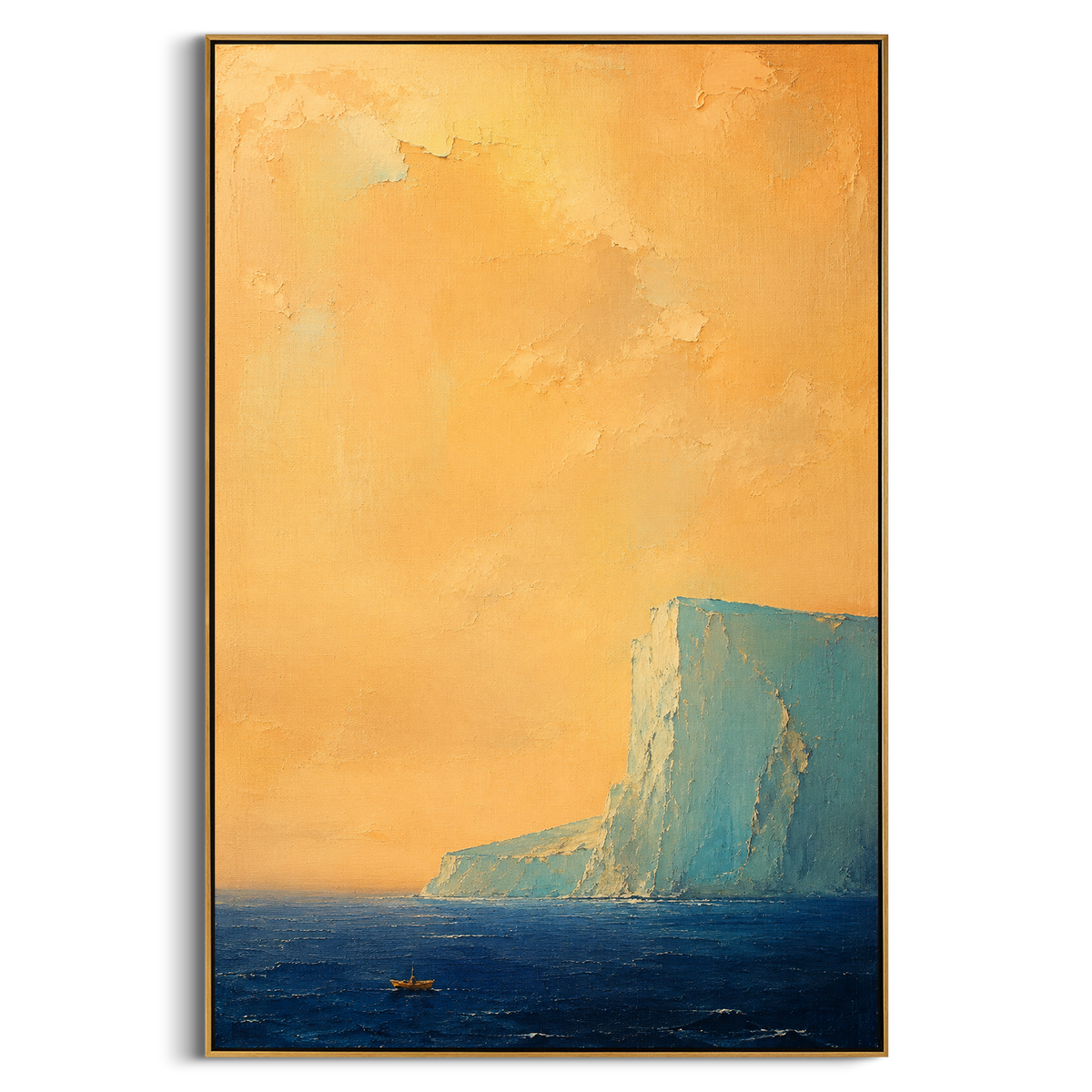 "Scylla Cliff At Golden Dusk" - Modern Heavy Impasto Coastal Landscape | Orange & Blue Palette Knife Painting | Luxury Vertical Wall Art #PT 1220