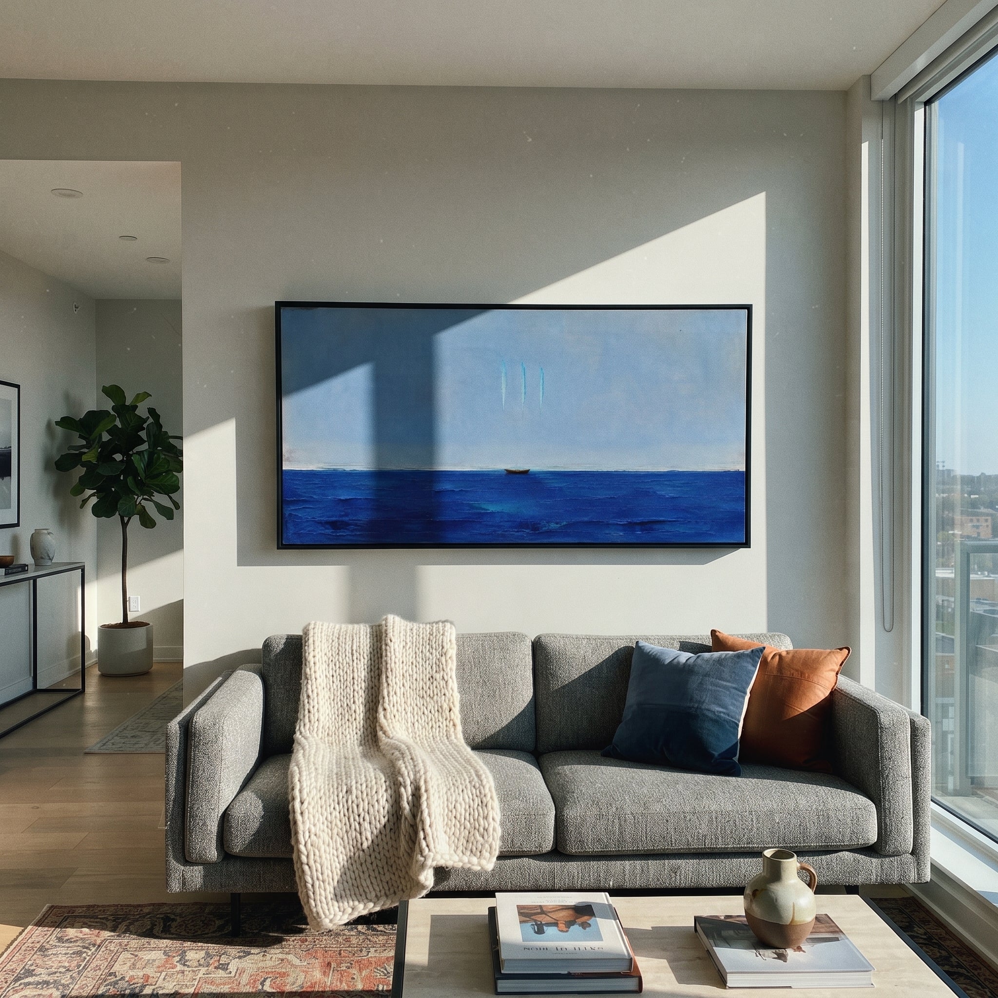"Sirens Three Voices Above The Sea" interprets the Sirens as marks of sound rather than bodies. The boat sits low and vulnerable in a wide field of blue, while three slim turquoise traces hover overhead like voices that cannot be seen but cannot be ignored. The spare composition gives the episode a modern, almost meditative danger: beauty appears as distance, silence, and restraint. Built with thick horizontal sea texture and a calm sky, this panoramic artwork fits above sofas, beds, consoles