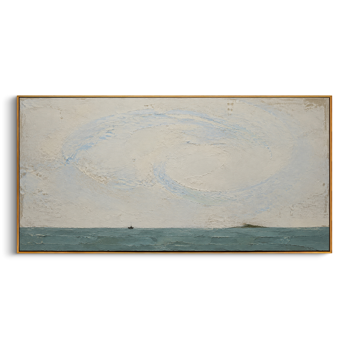"Aeolus Wind Over The Small Boat" - Modern Heavy Impasto Coastal Landscape | White & Blue Palette Knife Painting | Luxury Horizontal Wall Art #PT 1222