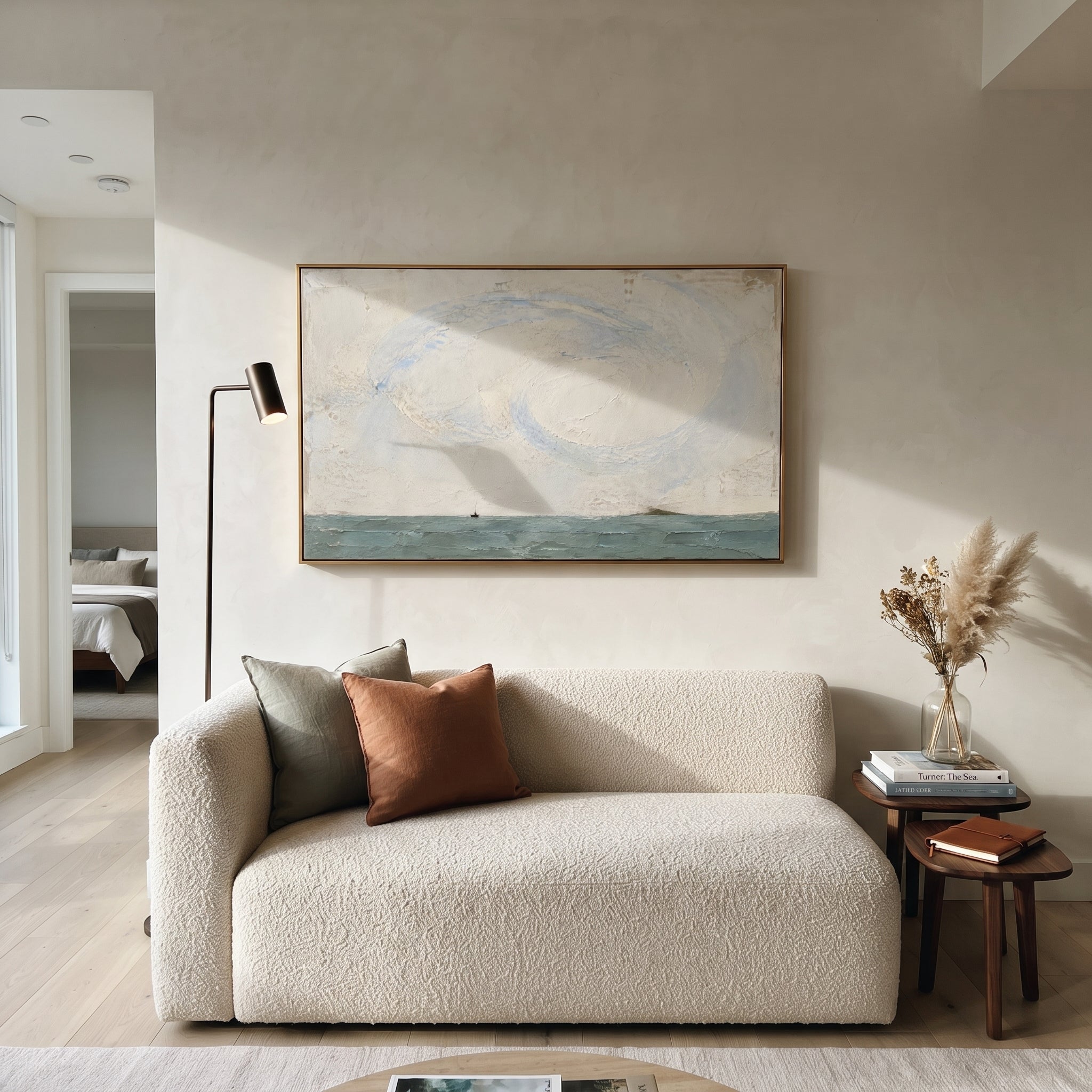 "Aeolus Wind Over The Small Boat" visualizes the gift of the winds as a fragile promise hanging over the voyage. The tiny vessel is nearly lost on the horizon, while the broad spiral above it suggests invisible power gathered, sealed, and waiting to change the course home. Soft grey plaster, muted blue water, and the circular sky movement make the scene feel ancient and modern at once. The wide format brings a calm but story-rich Odyssey atmosphere to living rooms, bedrooms, offices, spa