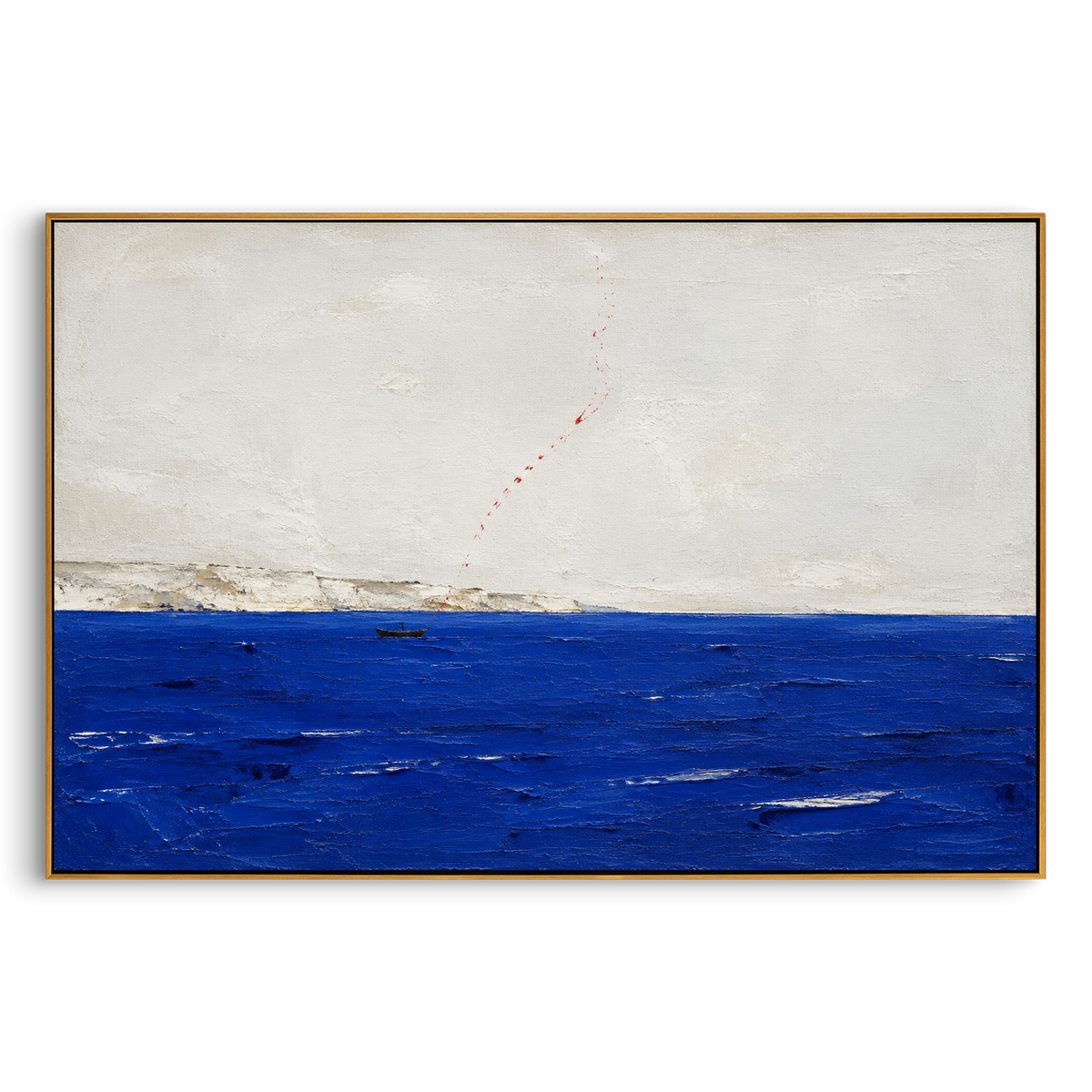 "Red Thread Route To Ithaca" - Modern Heavy Impasto Coastal Landscape | Blue & White Palette Knife Painting | Luxury Horizontal Wall Art #PT 1223