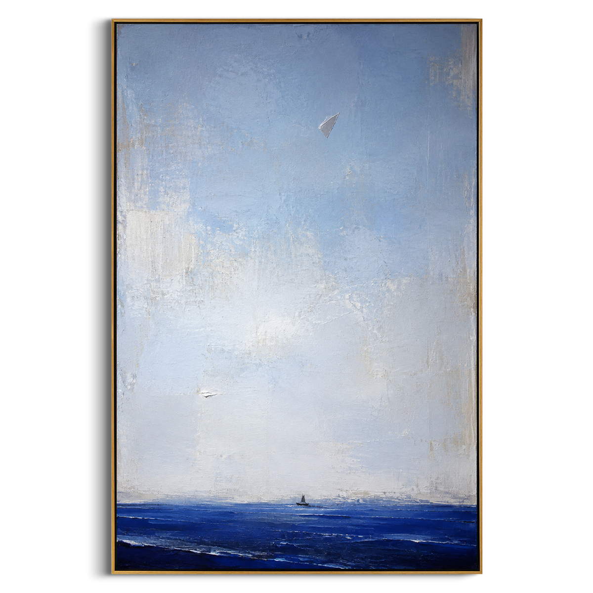 "Paper Omen Above The Homeward Sea" - Modern Heavy Impasto Coastal Landscape | Blue & White Palette Knife Painting | Luxury Vertical Wall Art #PT 1224