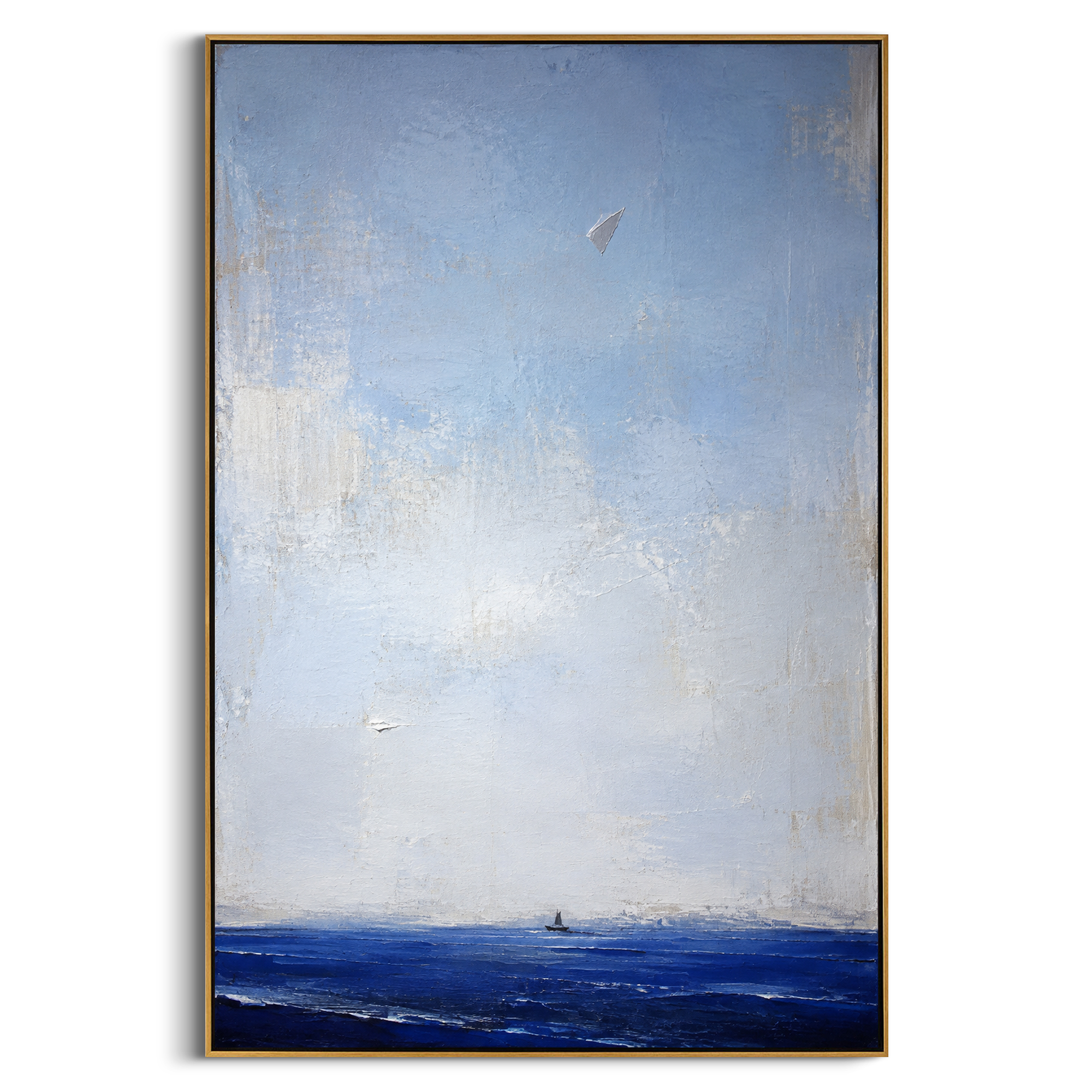 "Paper Omen Above The Homeward Sea" reads like a quiet message from Athena carried over the voyage. The little sail near the horizon suggests Odysseus still far from home, while the folded white form above feels like a sign, a map, or a prayer released into the sky. The image uses absence and scale to create emotion: most of the canvas is air, distance, and waiting. Layered blue and white impasto gives this vertical work a serene Odyssey mood for bedrooms, offices, quiet living rooms, beach