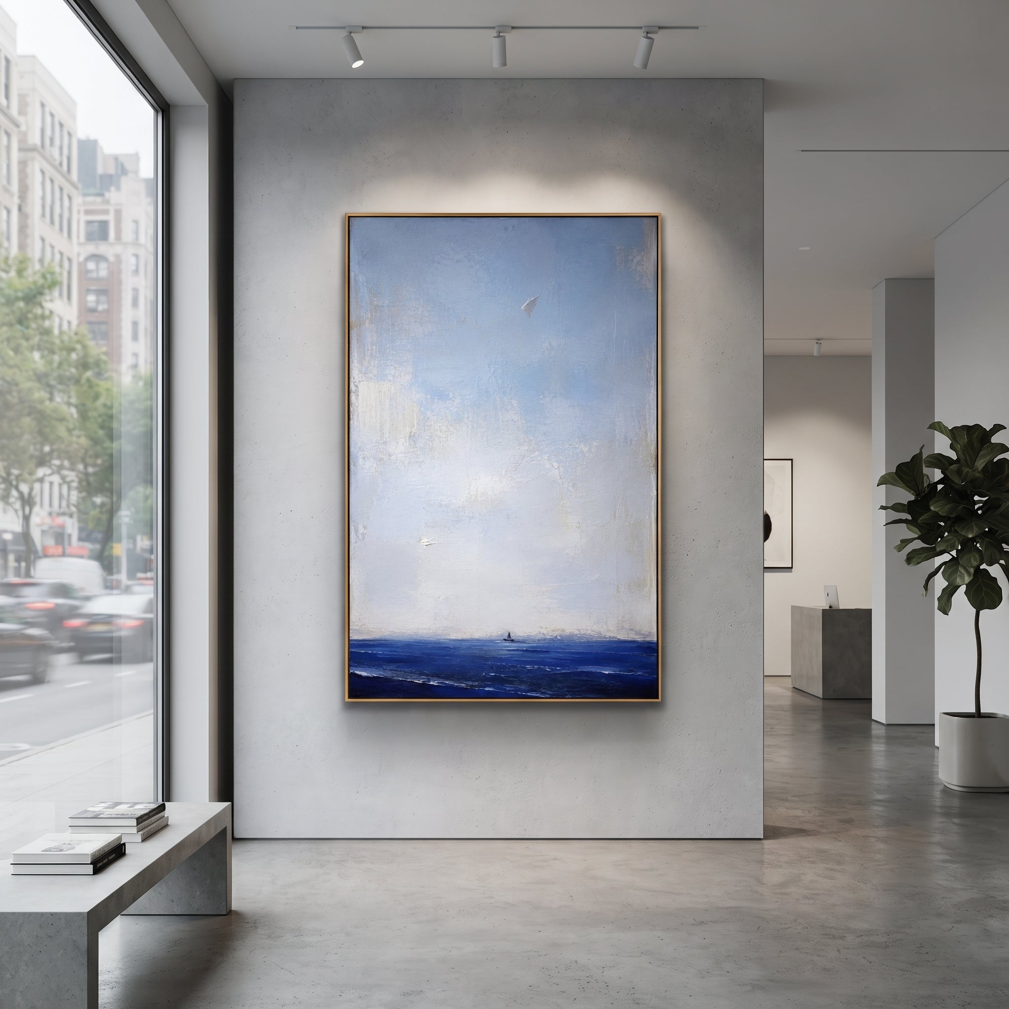 "Paper Omen Above The Homeward Sea" reads like a quiet message from Athena carried over the voyage. The little sail near the horizon suggests Odysseus still far from home, while the folded white form above feels like a sign, a map, or a prayer released into the sky. The image uses absence and scale to create emotion: most of the canvas is air, distance, and waiting. Layered blue and white impasto gives this vertical work a serene Odyssey mood for bedrooms, offices, quiet living rooms, beach