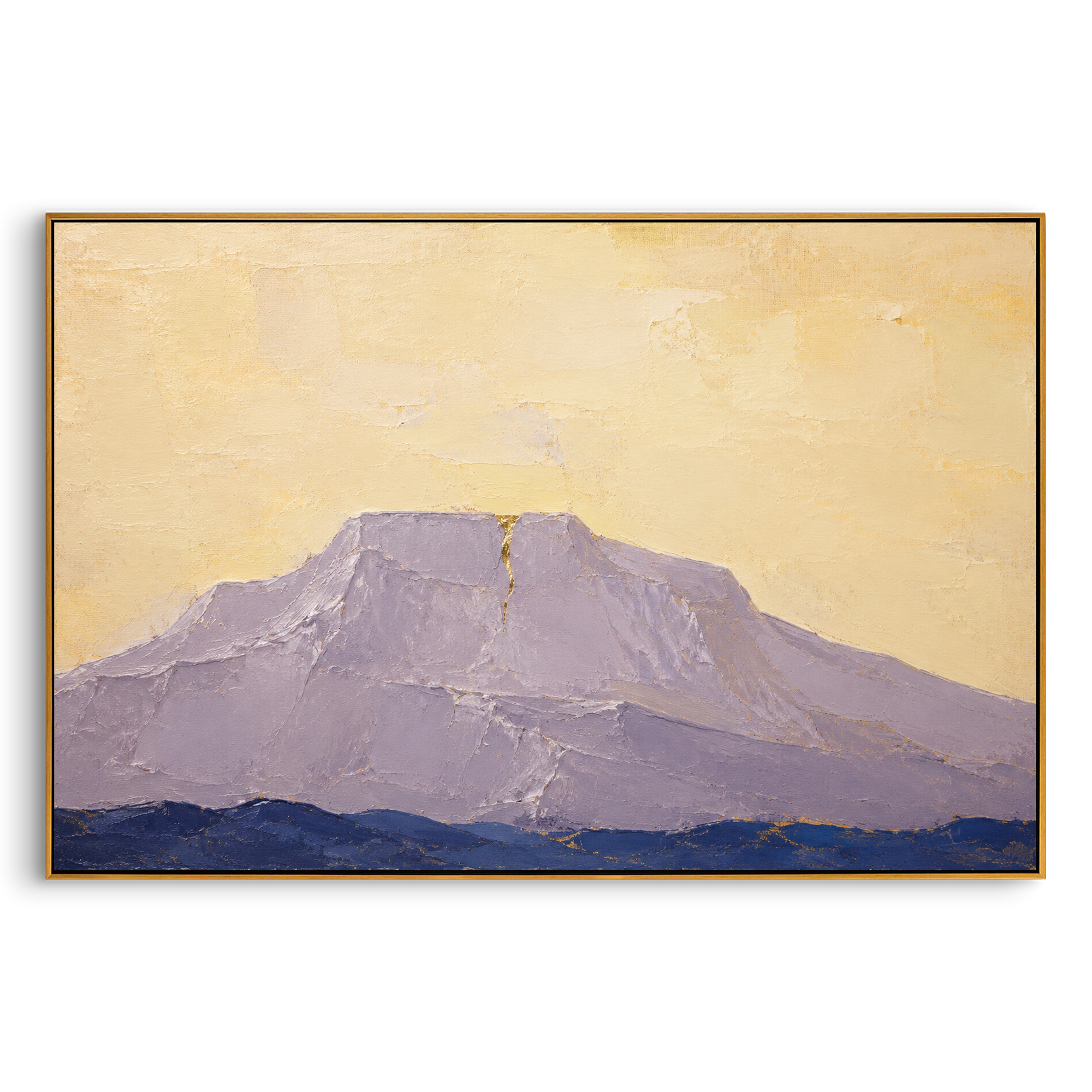 "Olympus Split By A Golden Omen" reads the mountain as a quiet threshold between mortal travel and divine judgment. The pale summit opens with a thin golden crack, as if a message from Olympus has entered the landscape before the next trial of the voyage. The soft yellow sky and violet stone keep the scene calm, while the central split gives it a charged mythic focus. Heavy palette-knife texture across the mountain face makes this horizontal work a refined Odyssey piece for living rooms