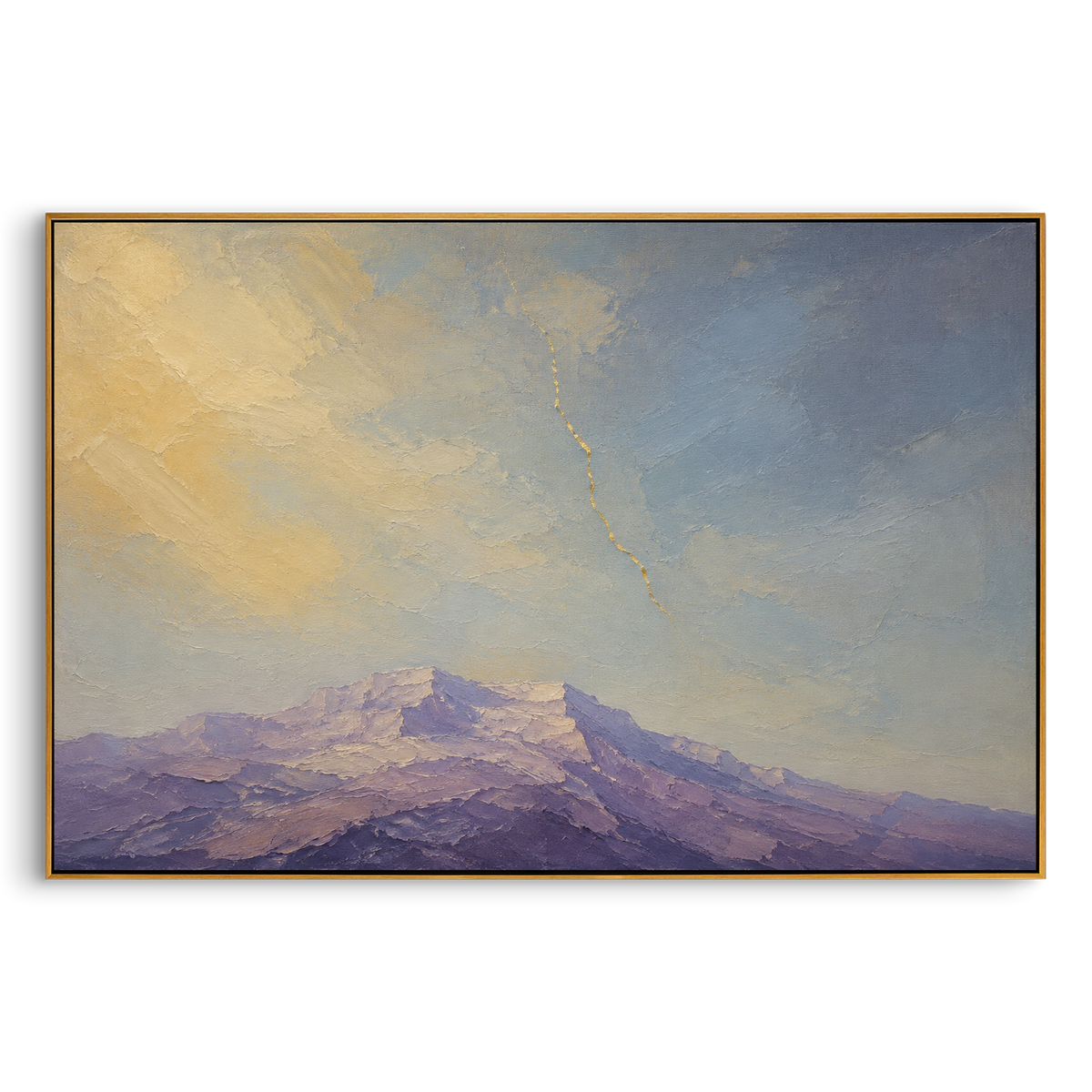 "Zeus Lightning Over Ithaca Mountains" - Modern Heavy Impasto Coastal Landscape | Blue & Golden Palette Knife Painting | Luxury Horizontal Wall Art #PT 1227