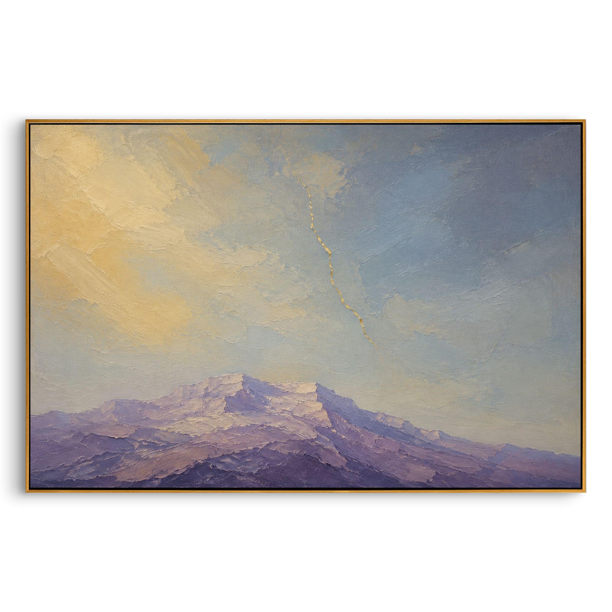 "Zeus Lightning Over Ithaca Mountains" turns the sky into a divine decision. A single gold line falls through the blue air toward the purple ridge, suggesting Zeus marking the path, warning the traveler, or sealing the fate of the journey home. The composition stays quiet and spacious, but the vertical strike gives the whole landscape a sense of judgment. Built with layered impasto mountains and luminous plaster sky, this horizontal artwork brings a mythic yet peaceful Odyssey atmosphere to