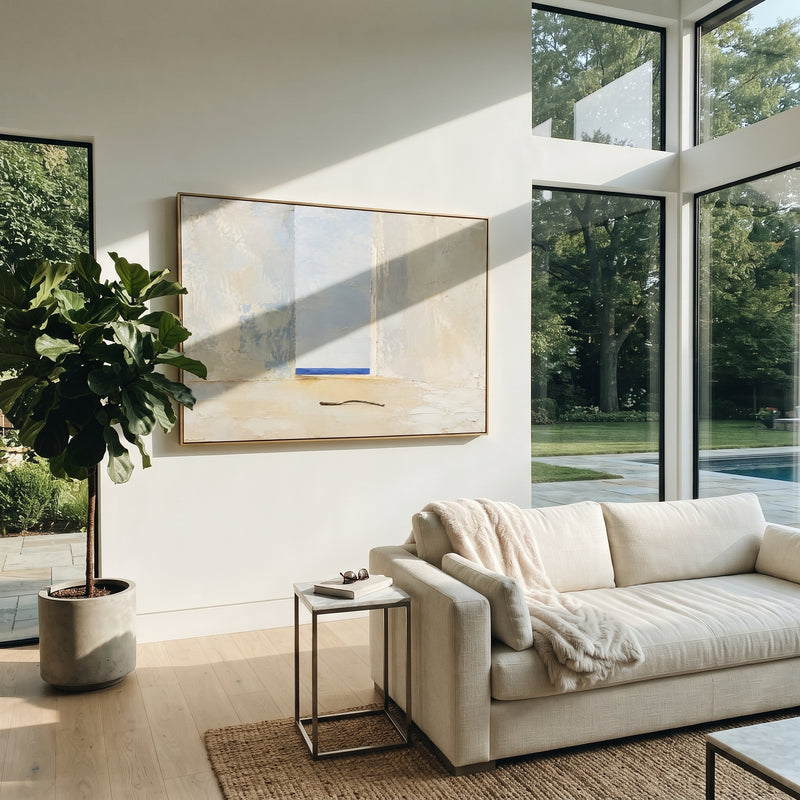 "Odysseus Bow In The Empty Hall" - Modern Heavy Impasto Coastal Landscape | White & Beige Palette Knife Painting | Luxury Horizontal Wall Art #PT 1228