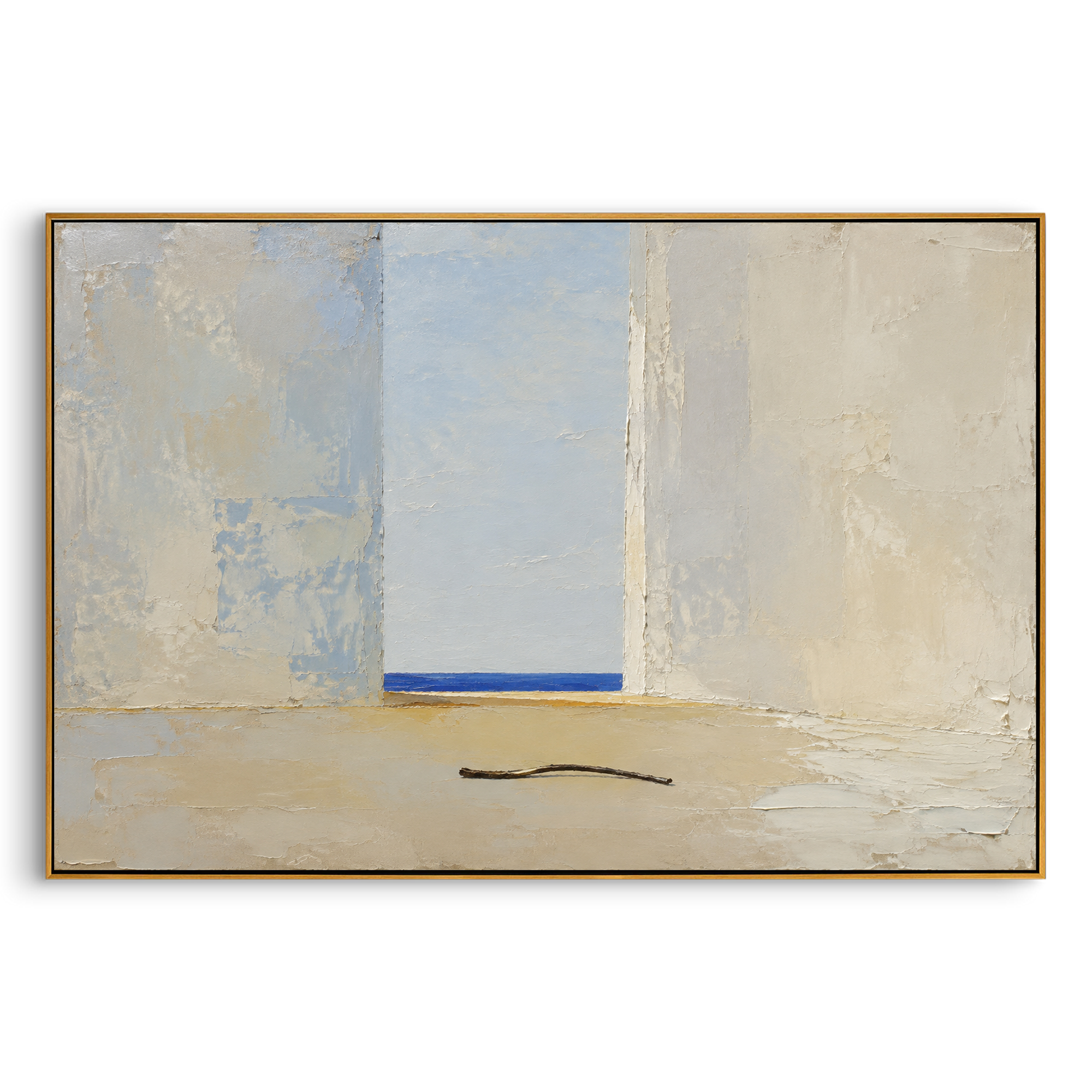 "Odysseus Bow In The Empty Hall" places the climax of the homecoming in silence. The room is stripped down to walls, sea light, and the dark curve of the bow, suggesting the moment before recognition and judgment in Ithaca. Nothing dramatic is shown, yet the object on the floor carries the whole trial: only the true king can string it. The quiet architecture, distant blue horizon, and tactile plaster surface make this horizontal work a restrained, story-rich statement for living rooms