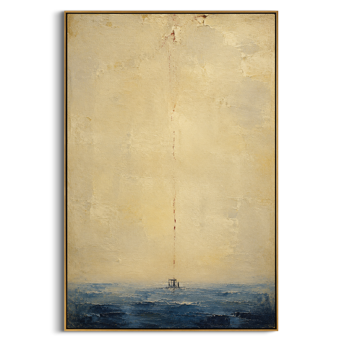 "Bloodline Above The Returning Raft" - Modern Heavy Impasto Coastal Landscape | Beige & Blue Palette Knife Painting | Luxury Vertical Wall Art #PT 1229