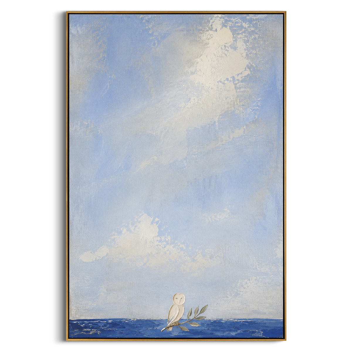 "Athena Owl At The Blue Shore" - Modern Heavy Impasto Coastal Landscape | Blue & White Palette Knife Painting | Luxury Vertical Wall Art #PT 1230