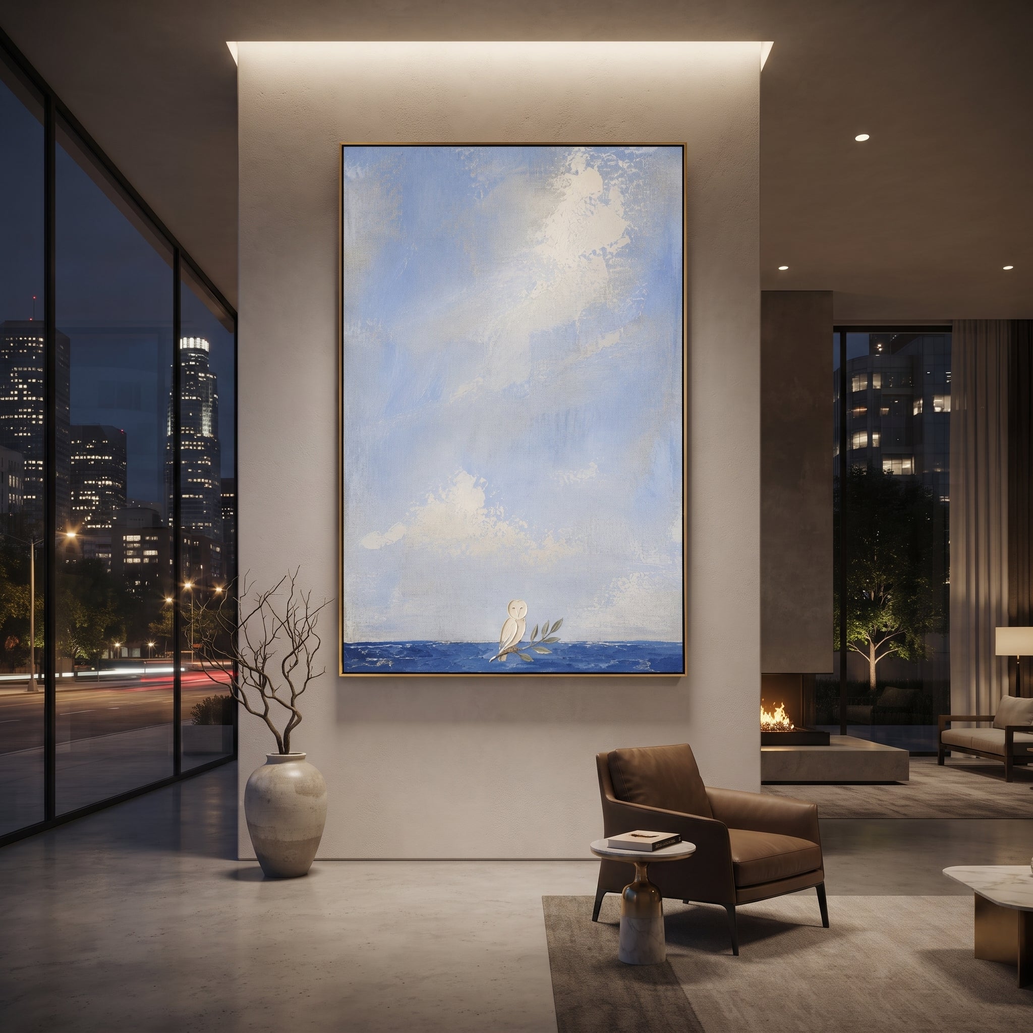 "Athena Owl At The Blue Shore" makes Athena presence gentle and unmistakable. The white owl sits at the edge of the water with an olive branch, a sign of wisdom, protection, and the guidance that keeps Odysseus moving toward home. Most of the canvas is quiet sky, allowing the small sacred emblem to feel deliberate and calm. Layered blue, white, and grey impasto gives this vertical work a serene mythic mood for bedrooms, reading rooms, offices, coastal homes, and minimalist Mediterranean