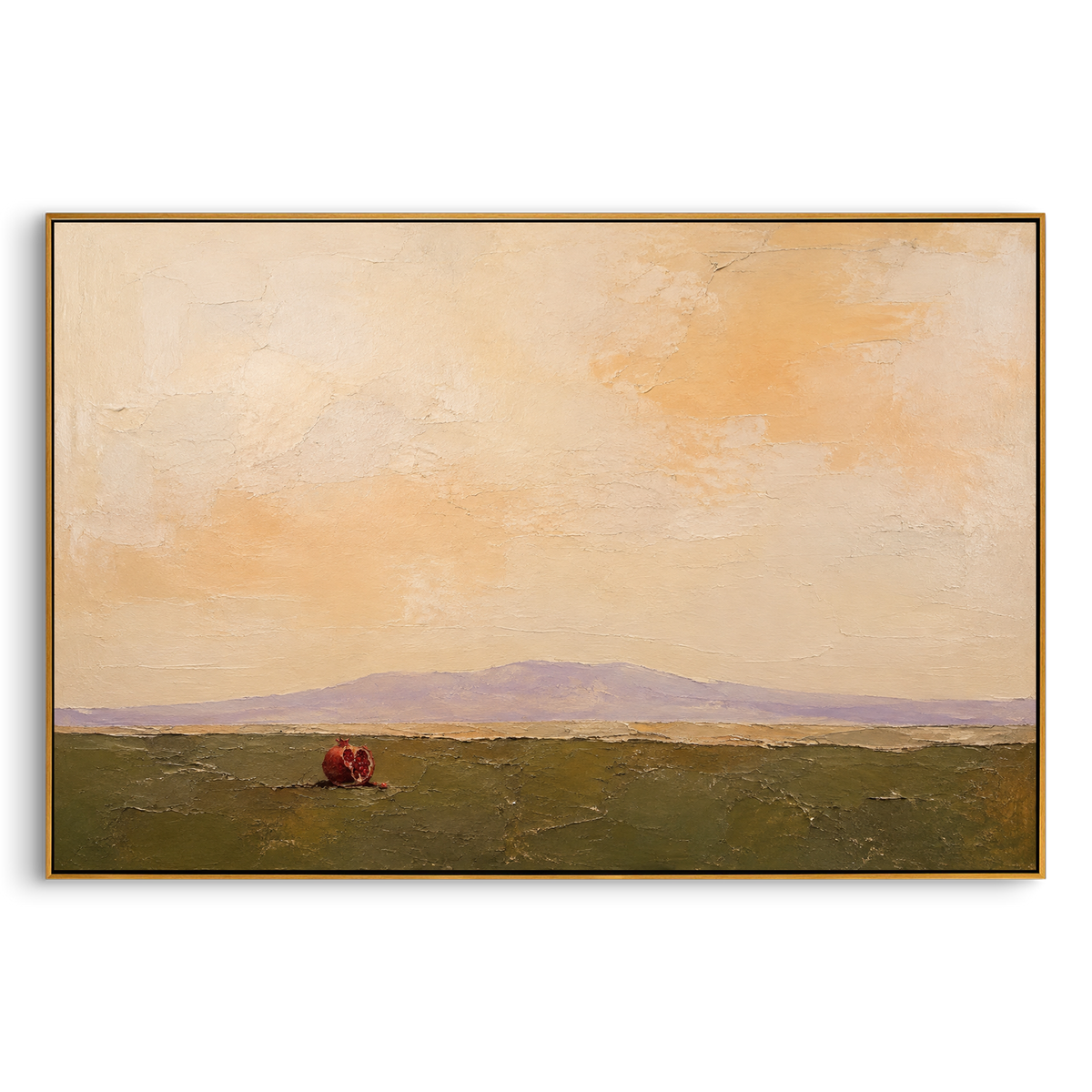 "Persephone Pomegranate At Distant Shore" - Modern Heavy Impasto Coastal Landscape | Green & Red Palette Knife Painting | Luxury Horizontal Wall Art #PT 1231