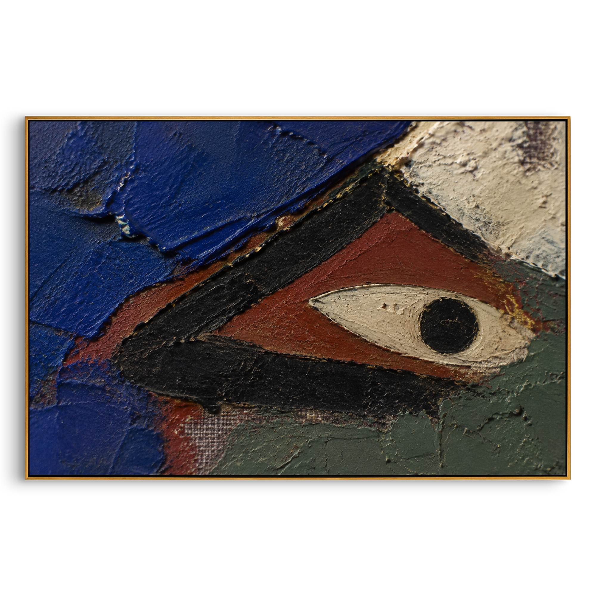 "Cyclops Eye In The Painted Cave" brings the Polyphemus episode into a bold abstract close-up. The single eye fills the composition like a watchful cave wall, with dark black paint, red earth, and deep blue slabs pressing around the pale oval center. The image feels primitive, protective, and dangerous, capturing the moment when the monster sees and is deceived. Its dense palette-knife surface makes this horizontal artwork a strong statement for living rooms, offices, bars, restaurants, and