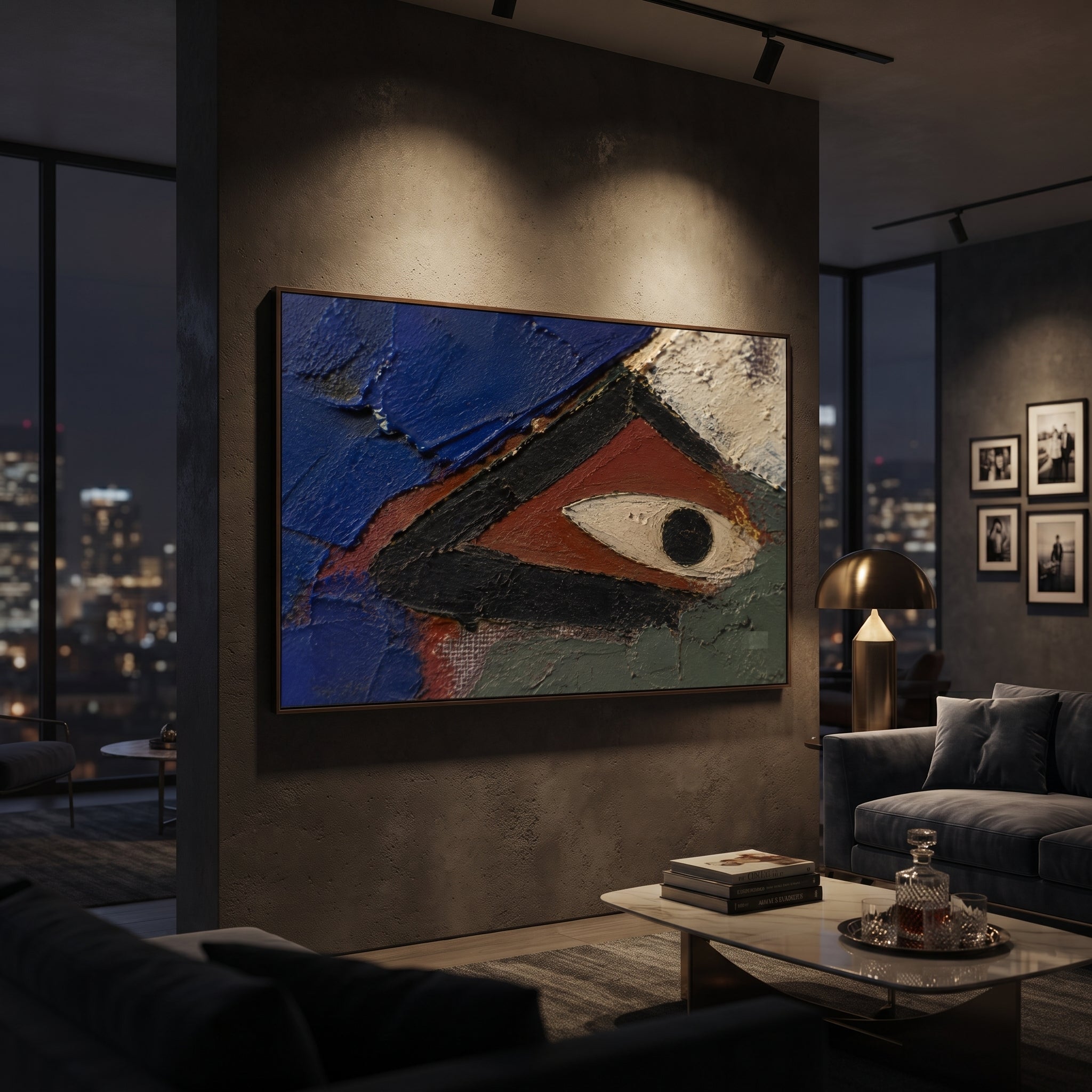 "Cyclops Eye In The Painted Cave" brings the Polyphemus episode into a bold abstract close-up. The single eye fills the composition like a watchful cave wall, with dark black paint, red earth, and deep blue slabs pressing around the pale oval center. The image feels primitive, protective, and dangerous, capturing the moment when the monster sees and is deceived. Its dense palette-knife surface makes this horizontal artwork a strong statement for living rooms, offices, bars, restaurants, and