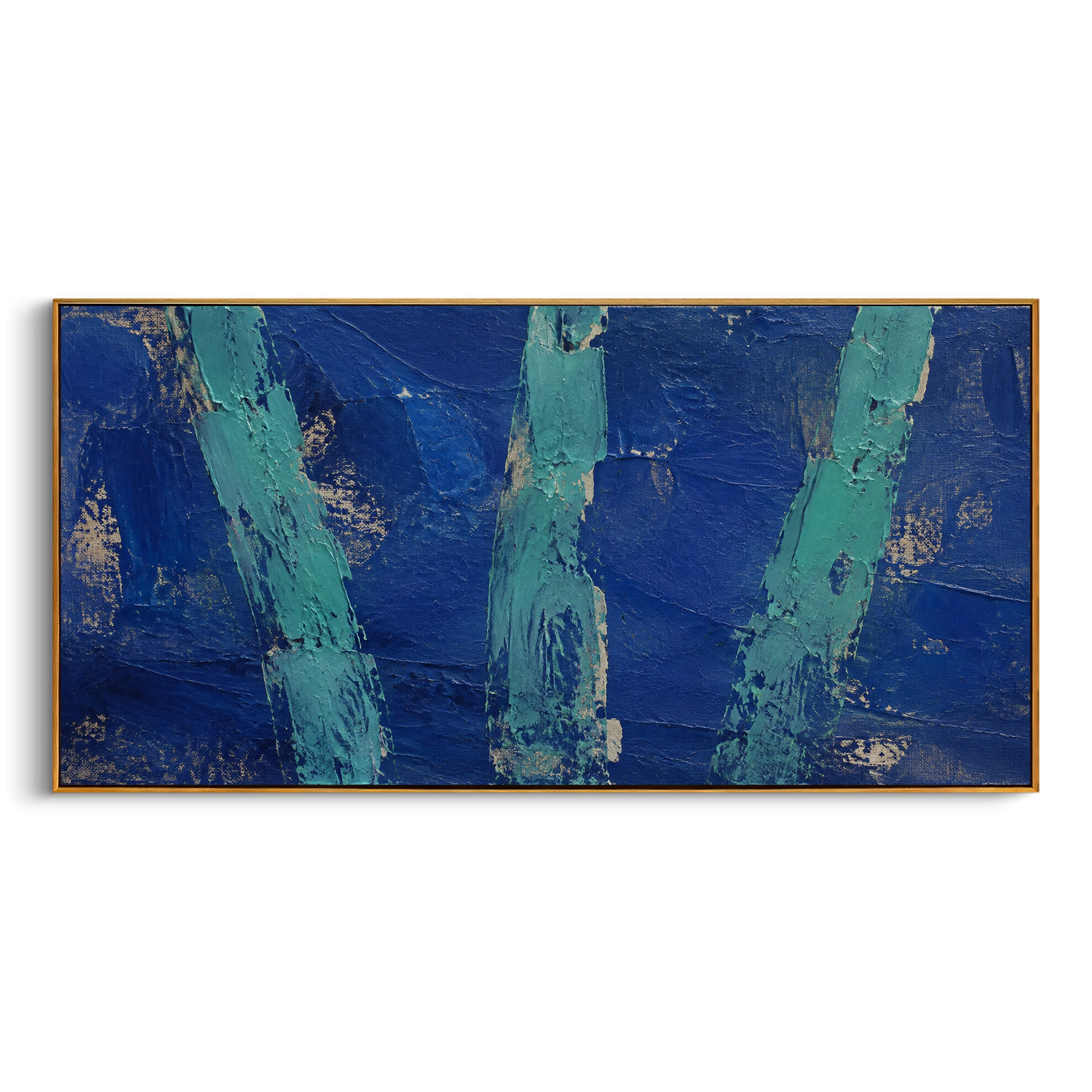 "Three Sea Pillars Of The Sirens" treats the Sirens as vertical ruins of sound standing in the dark sea. The three turquoise forms feel weathered, broken, and half-submerged, as if voices have become columns after years of calling ships from the route home. Deep blue impasto gives the background the weight of night water, while the scraped metallic undertones add a sense of ancient erosion. This panoramic abstract piece brings Odyssey symbolism and bold texture to living rooms, offices