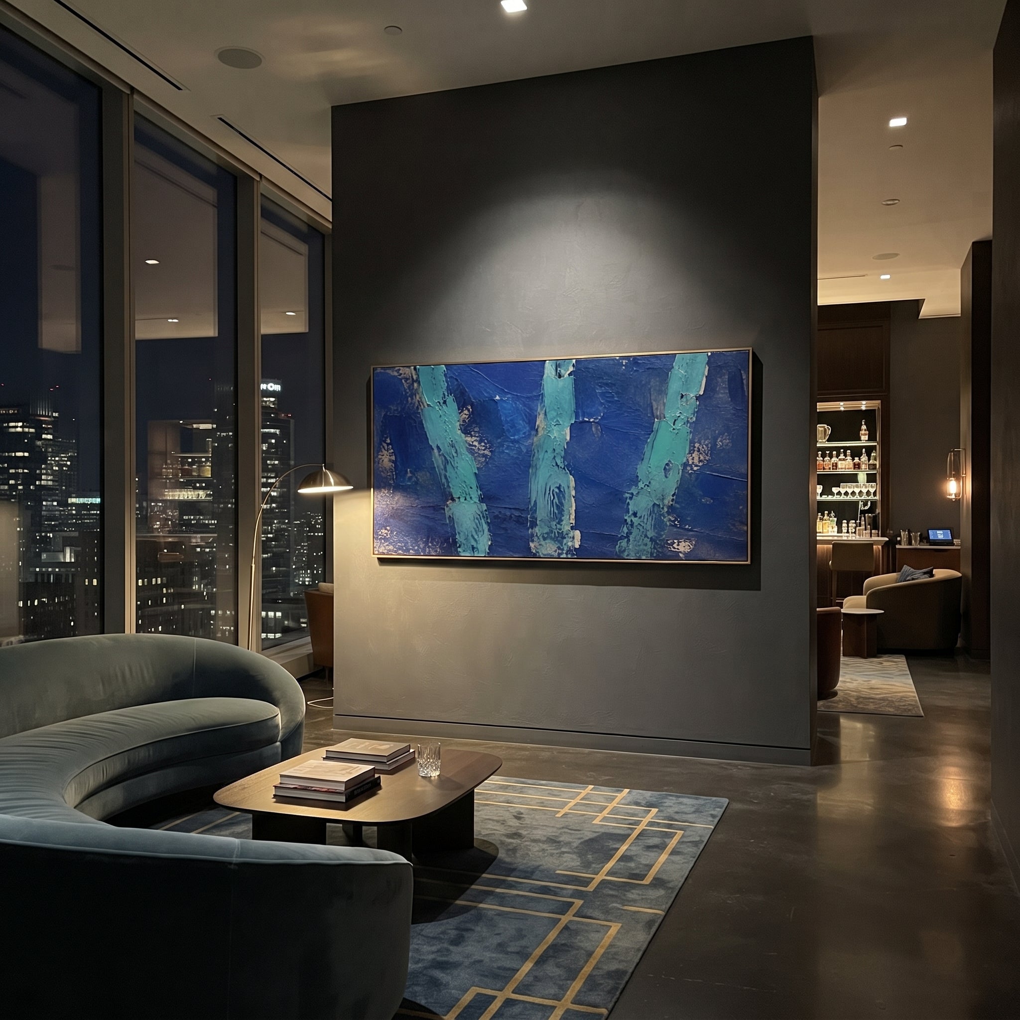 "Three Sea Pillars Of The Sirens" treats the Sirens as vertical ruins of sound standing in the dark sea. The three turquoise forms feel weathered, broken, and half-submerged, as if voices have become columns after years of calling ships from the route home. Deep blue impasto gives the background the weight of night water, while the scraped metallic undertones add a sense of ancient erosion. This panoramic abstract piece brings Odyssey symbolism and bold texture to living rooms, offices