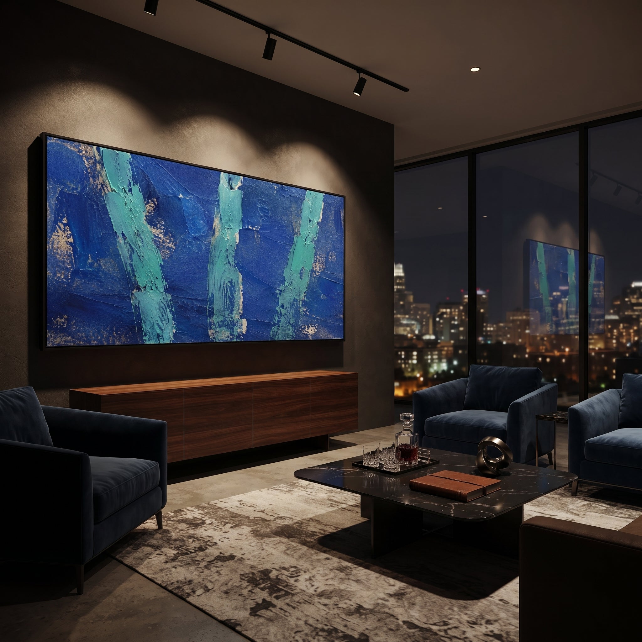 "Three Sea Pillars Of The Sirens" treats the Sirens as vertical ruins of sound standing in the dark sea. The three turquoise forms feel weathered, broken, and half-submerged, as if voices have become columns after years of calling ships from the route home. Deep blue impasto gives the background the weight of night water, while the scraped metallic undertones add a sense of ancient erosion. This panoramic abstract piece brings Odyssey symbolism and bold texture to living rooms, offices