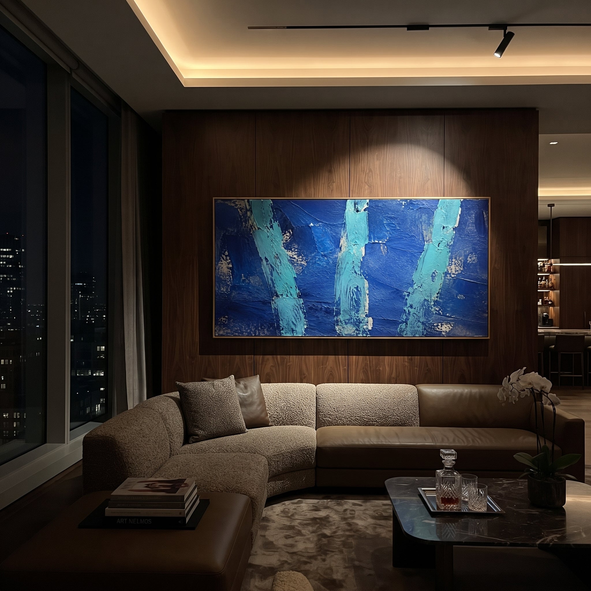 "Three Sea Pillars Of The Sirens" treats the Sirens as vertical ruins of sound standing in the dark sea. The three turquoise forms feel weathered, broken, and half-submerged, as if voices have become columns after years of calling ships from the route home. Deep blue impasto gives the background the weight of night water, while the scraped metallic undertones add a sense of ancient erosion. This panoramic abstract piece brings Odyssey symbolism and bold texture to living rooms, offices