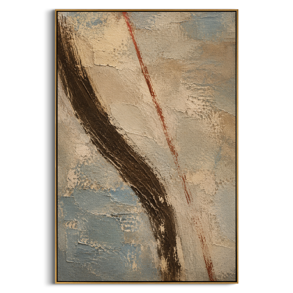 "Odysseus Bow And Red Trial Line" - Modern Heavy Impasto Geometric Abstract | Grey & Black Palette Knife Painting | Luxury Vertical Wall Art #PT 1234