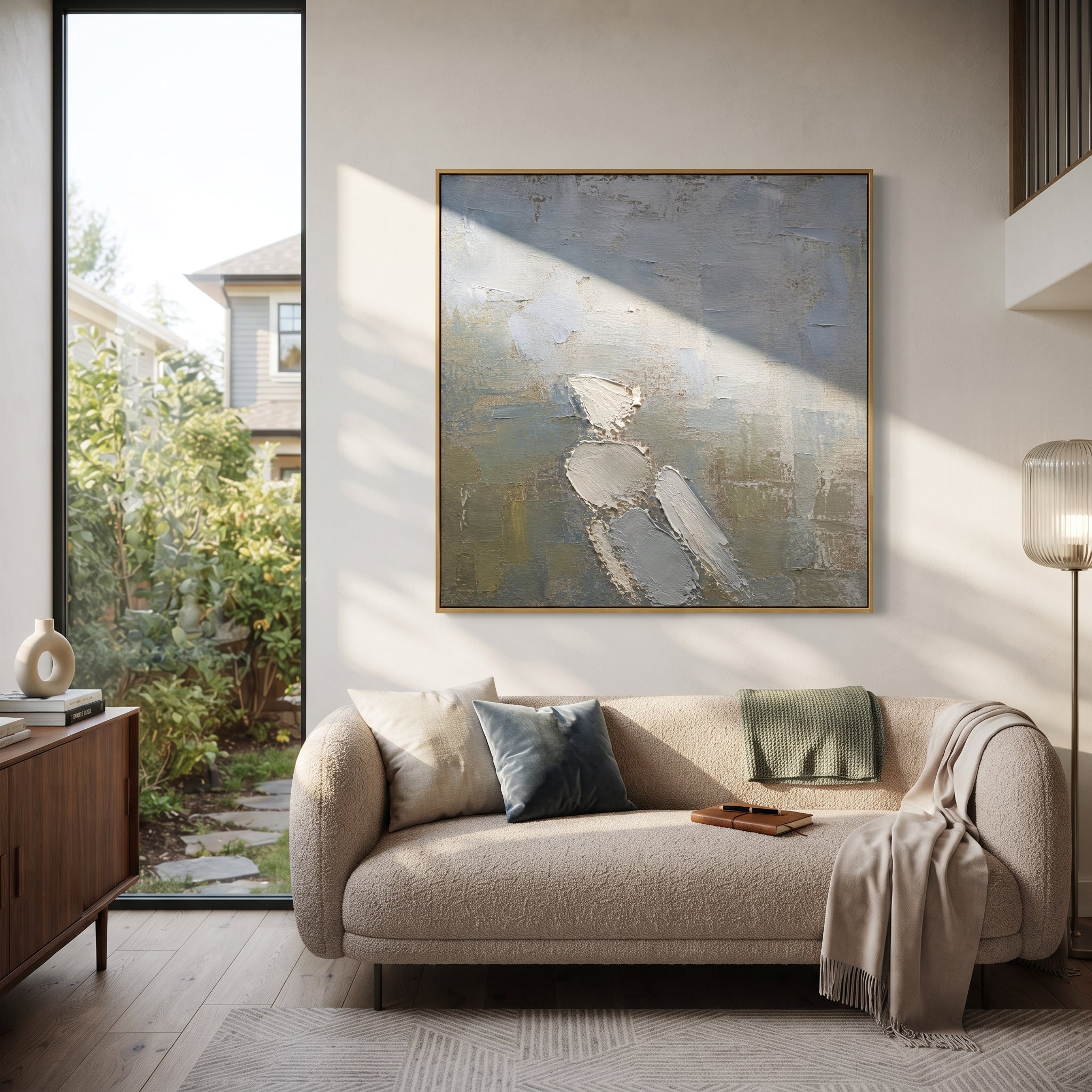 "Fallen Wing Of Hermes" imagines the messenger god presence through a broken white wing, as if a sign has fallen out of the sky onto the route home. The soft blue-grey ground and olive lower field make the fragment feel quiet, weathered, and sacred, carrying the Odyssey themes of guidance, delay, and fragile passage in a minimalist square composition.
