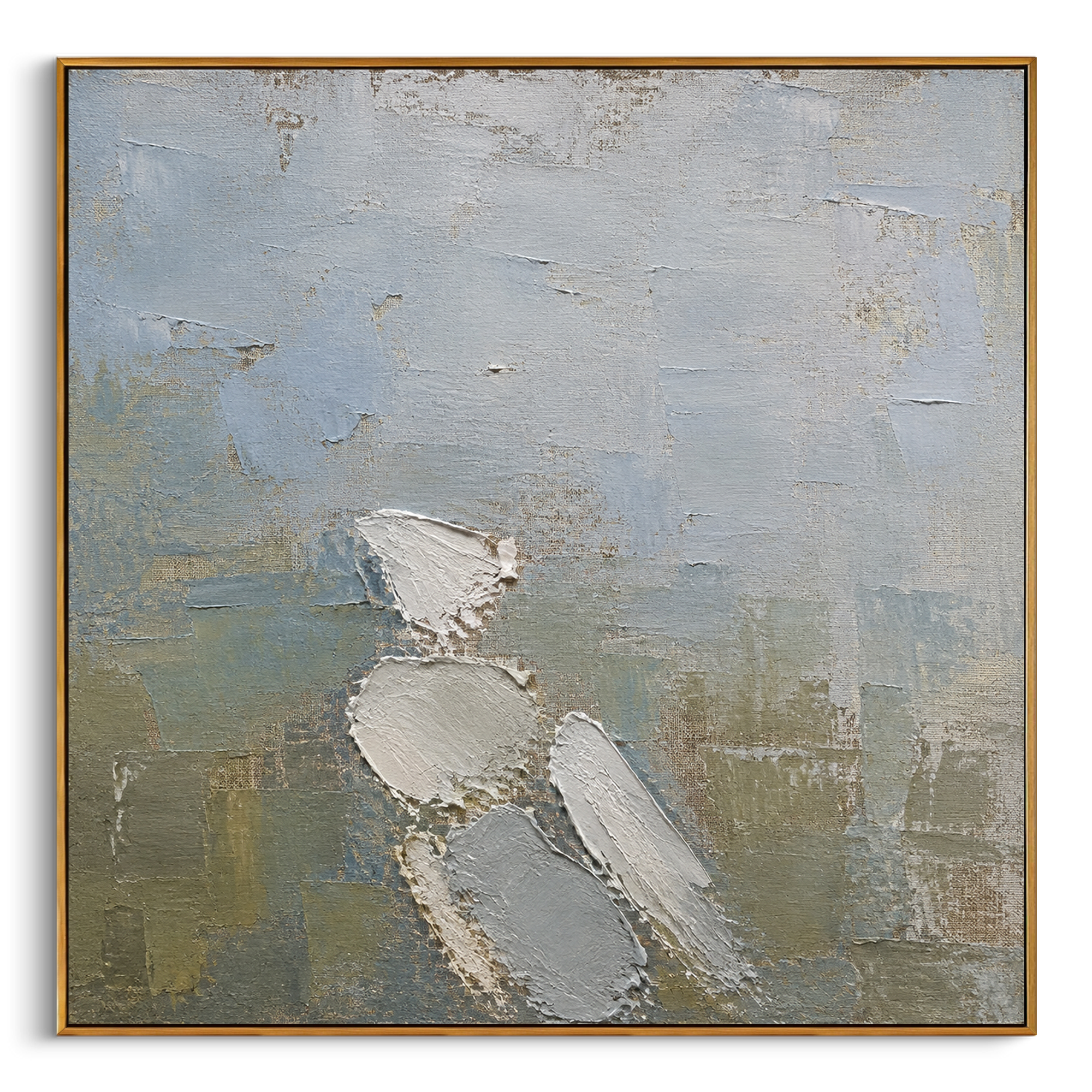 "Fallen Wing Of Hermes" imagines the messenger god presence through a broken white wing, as if a sign has fallen out of the sky onto the route home. The soft blue-grey ground and olive lower field make the fragment feel quiet, weathered, and sacred, carrying the Odyssey themes of guidance, delay, and fragile passage in a minimalist square composition.