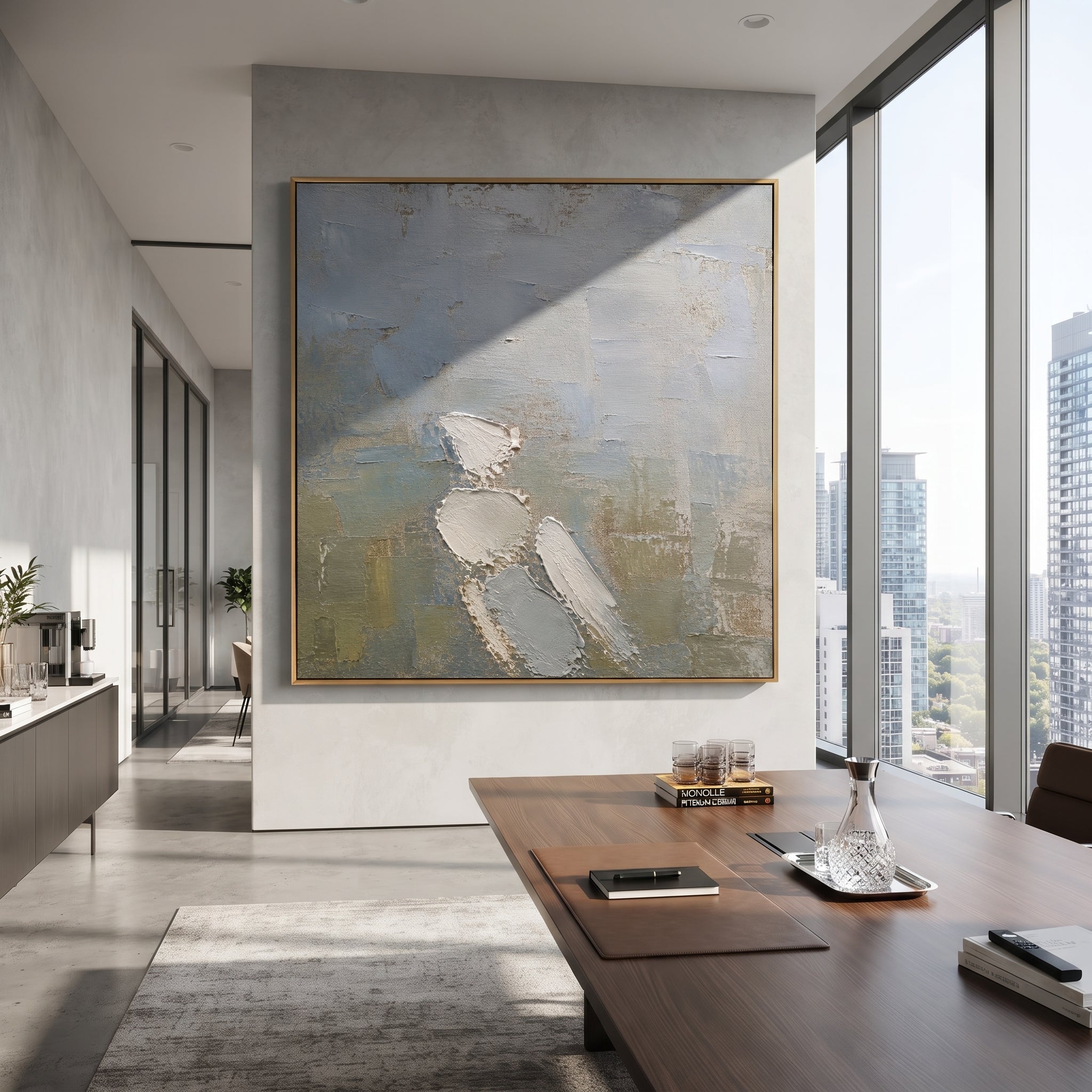 "Fallen Wing Of Hermes" imagines the messenger god presence through a broken white wing, as if a sign has fallen out of the sky onto the route home. The soft blue-grey ground and olive lower field make the fragment feel quiet, weathered, and sacred, carrying the Odyssey themes of guidance, delay, and fragile passage in a minimalist square composition.