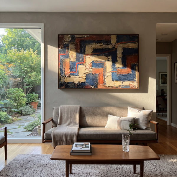 "Dark Labyrinth Of The Homeward Trial" - Modern Heavy Impasto Geometric Abstract | Blue & Red Palette Knife Painting | Luxury Horizontal Wall Art #PT 1237