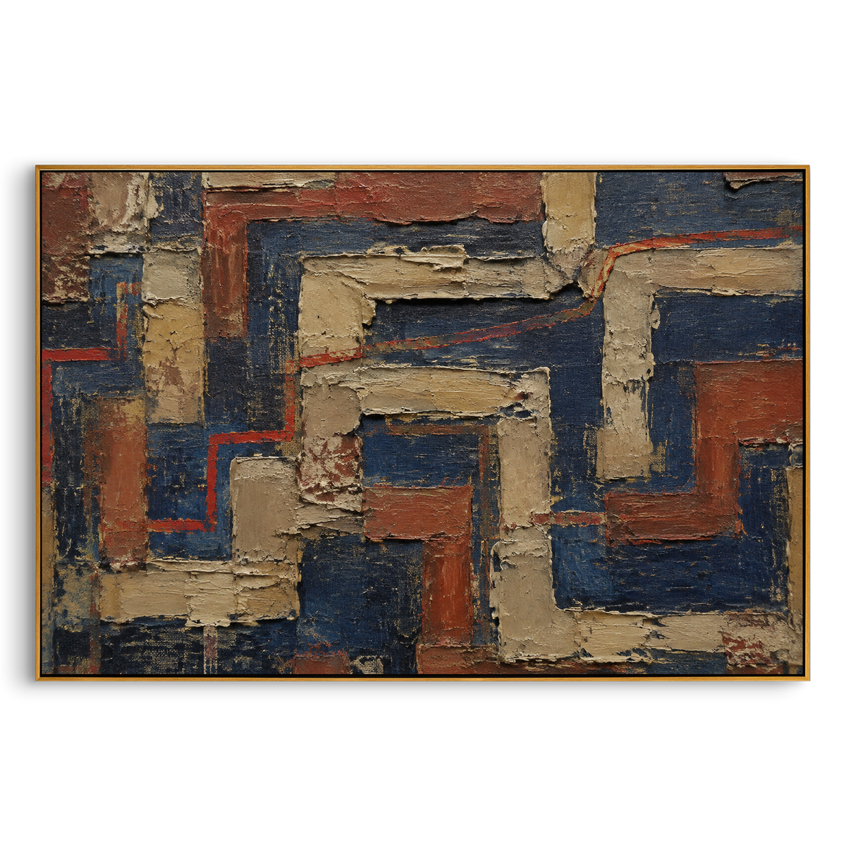 "Dark Labyrinth Of The Homeward Trial" - Modern Heavy Impasto Geometric Abstract | Blue & Red Palette Knife Painting | Luxury Horizontal Wall Art #PT 1237