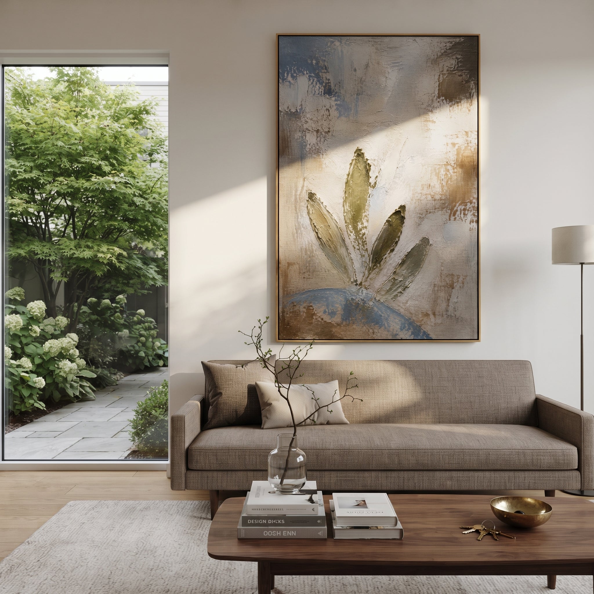 "Olive Branch After Ithaca" brings the Odyssey to a quieter symbol of peace after return. The green leaves, weathered plaster, and pale blue base suggest Athena protection, household restoration, and the hard-won stillness after the sea trials are over. The vertical format keeps the image calm, botanical, and ceremonial.
