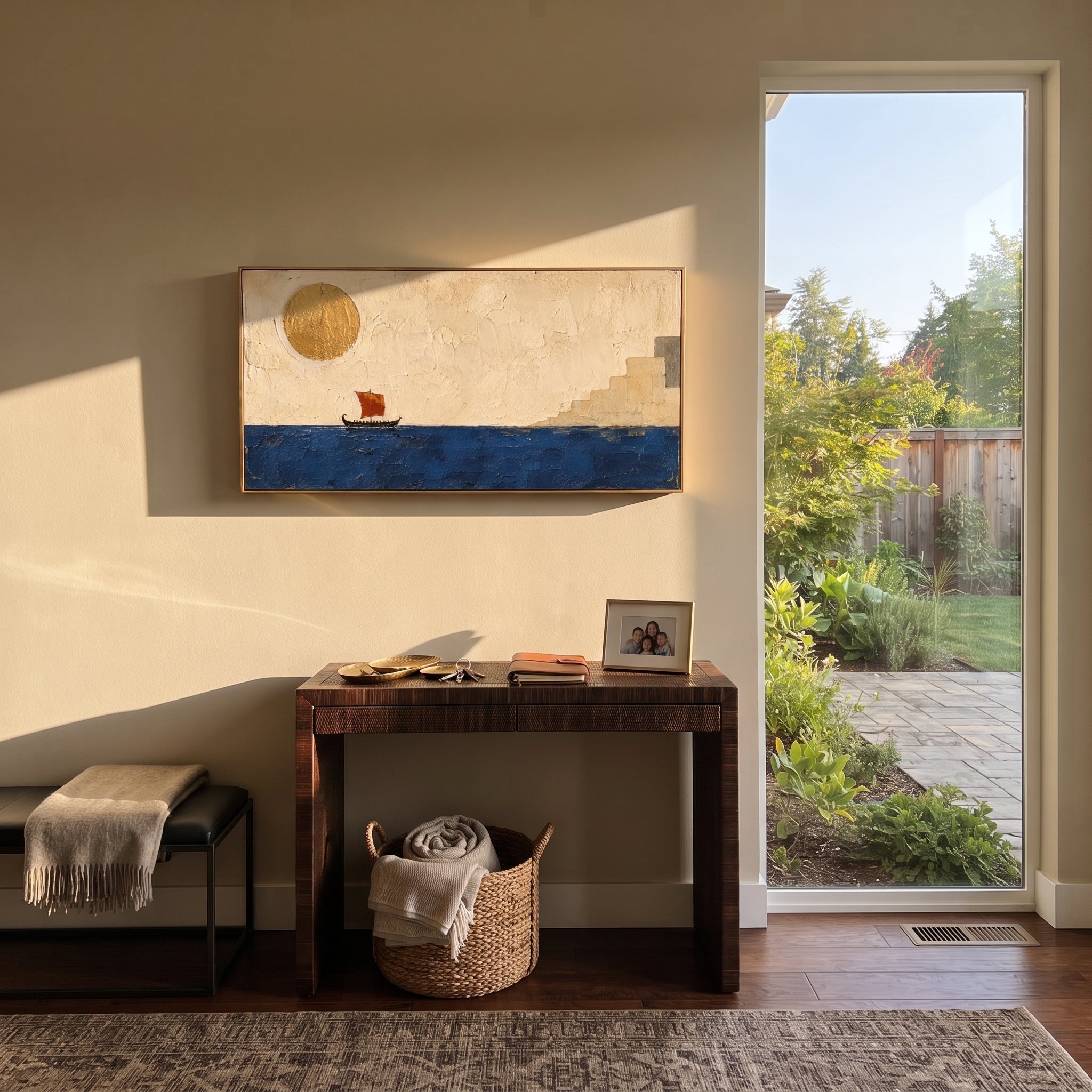 "Red Sail Approaching Ithaca" sets the homecoming as a bright but watchful arrival. The boat moves toward stepped white buildings while the enormous sun hangs like Helios witness over the sea. Heavy blue and gold texture gives the scene warmth, distance, and ceremonial expectation.