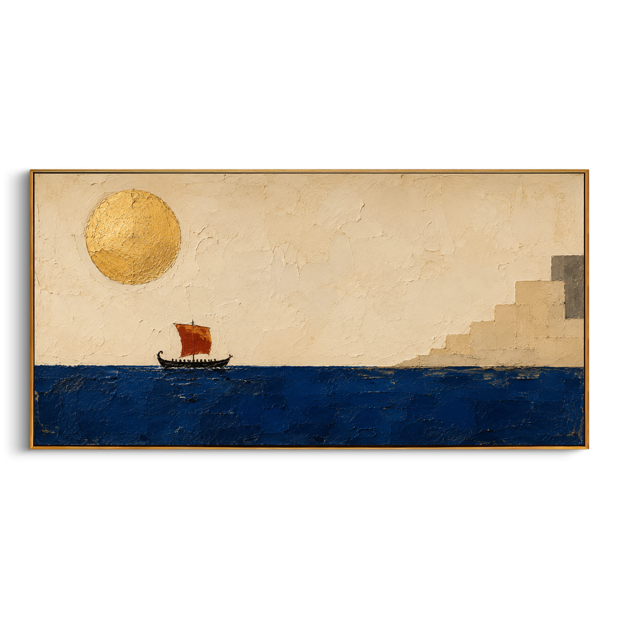 "Red Sail Approaching Ithaca" sets the homecoming as a bright but watchful arrival. The boat moves toward stepped white buildings while the enormous sun hangs like Helios witness over the sea. Heavy blue and gold texture gives the scene warmth, distance, and ceremonial expectation.