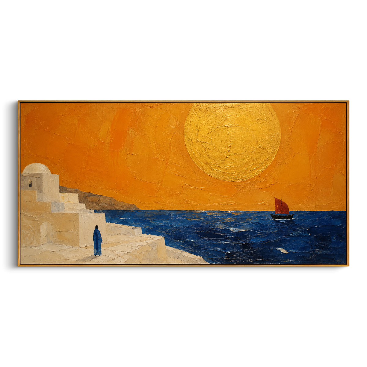 "Watcher On The Ithaca Steps" - Modern Heavy Impasto Coastal Landscape | Orange & Blue Palette Knife Painting | Luxury Horizontal Wall Art #PT 1241