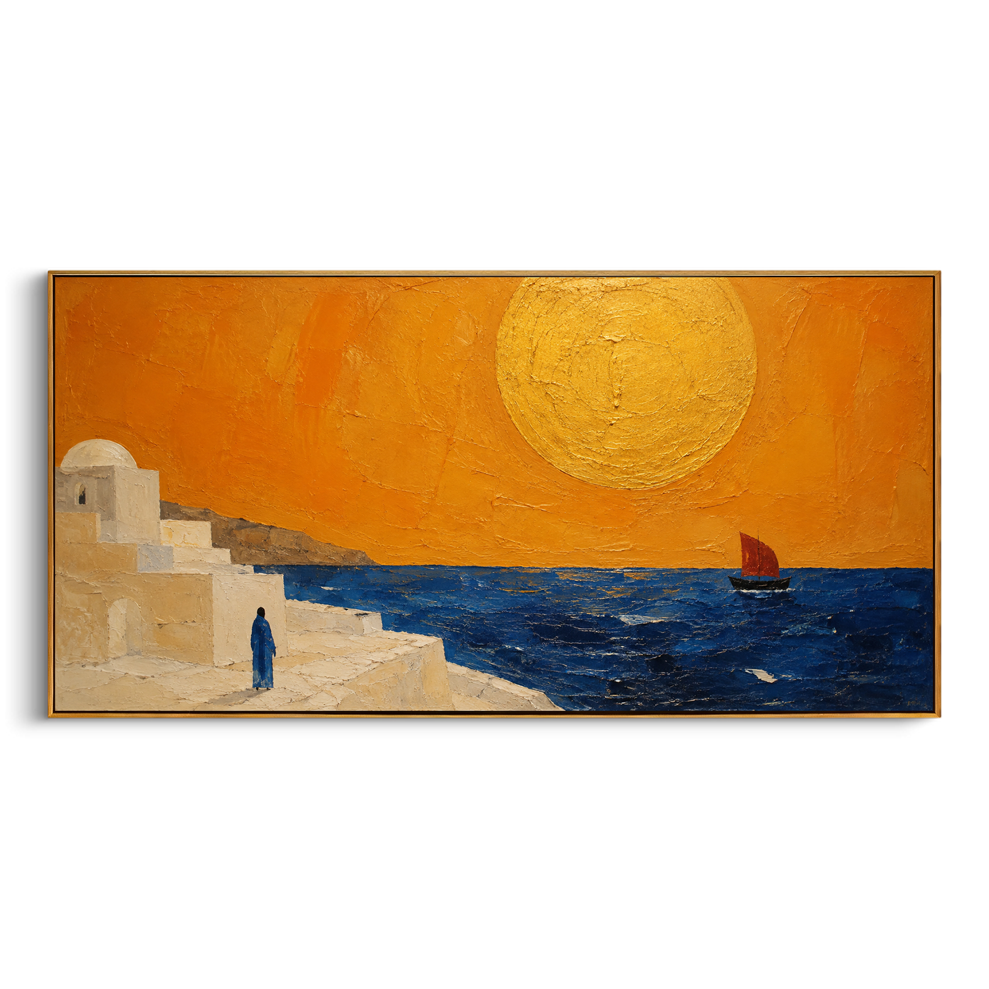 "Watcher On The Ithaca Steps" places the emotion of return on the shore rather than the boat. The figure waits beside white architecture as the red sail approaches, turning the sunset into a moment of recognition, hope, and uncertainty after years of absence.