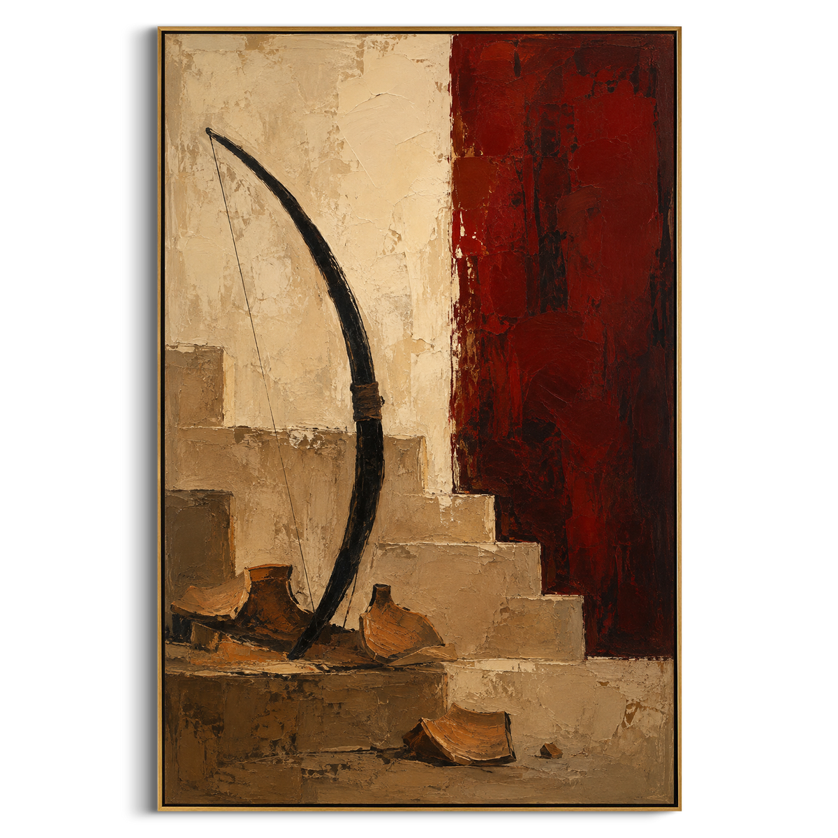 "Bow Of Odysseus Beside The Red Wall" - Modern Heavy Impasto Abstract Artwork | Beige & Black Palette Knife Painting | Luxury Vertical Wall Art #PT 1242