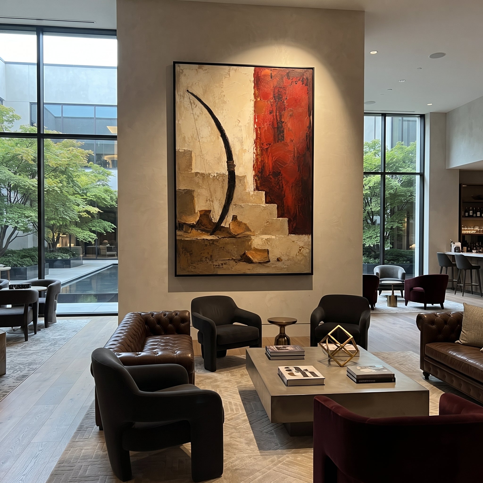 "Bow Of Odysseus Beside The Red Wall" shows the weapon of recognition as a sacred object in an empty room. The curved bow rises beside shattered clay and red plaster, suggesting the test that separates suitors from the true king and turns a household back into a home.