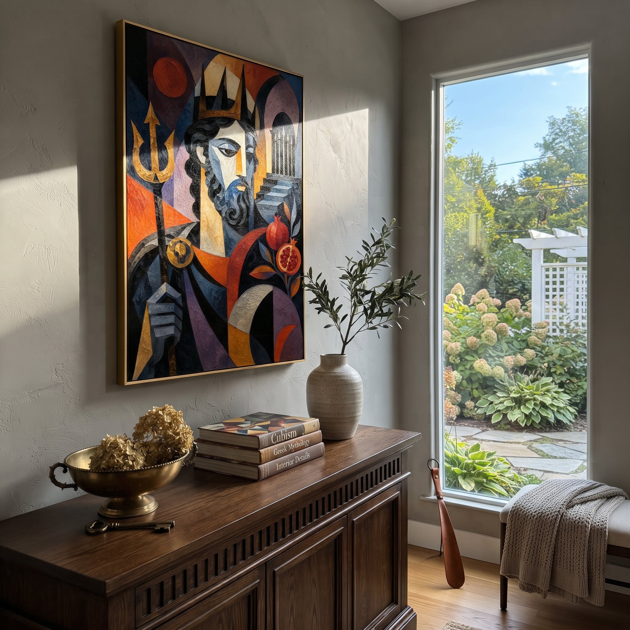 "Poseidon With Pomegranate And Trident" presents the sea god as ruler, obstacle, and judge. The trident anchors his power, the pomegranate suggests underworld debt and ancient vows, and the angular face watches the viewer with stern authority. Rich impasto color gives the portrait a monumental Odyssey presence.