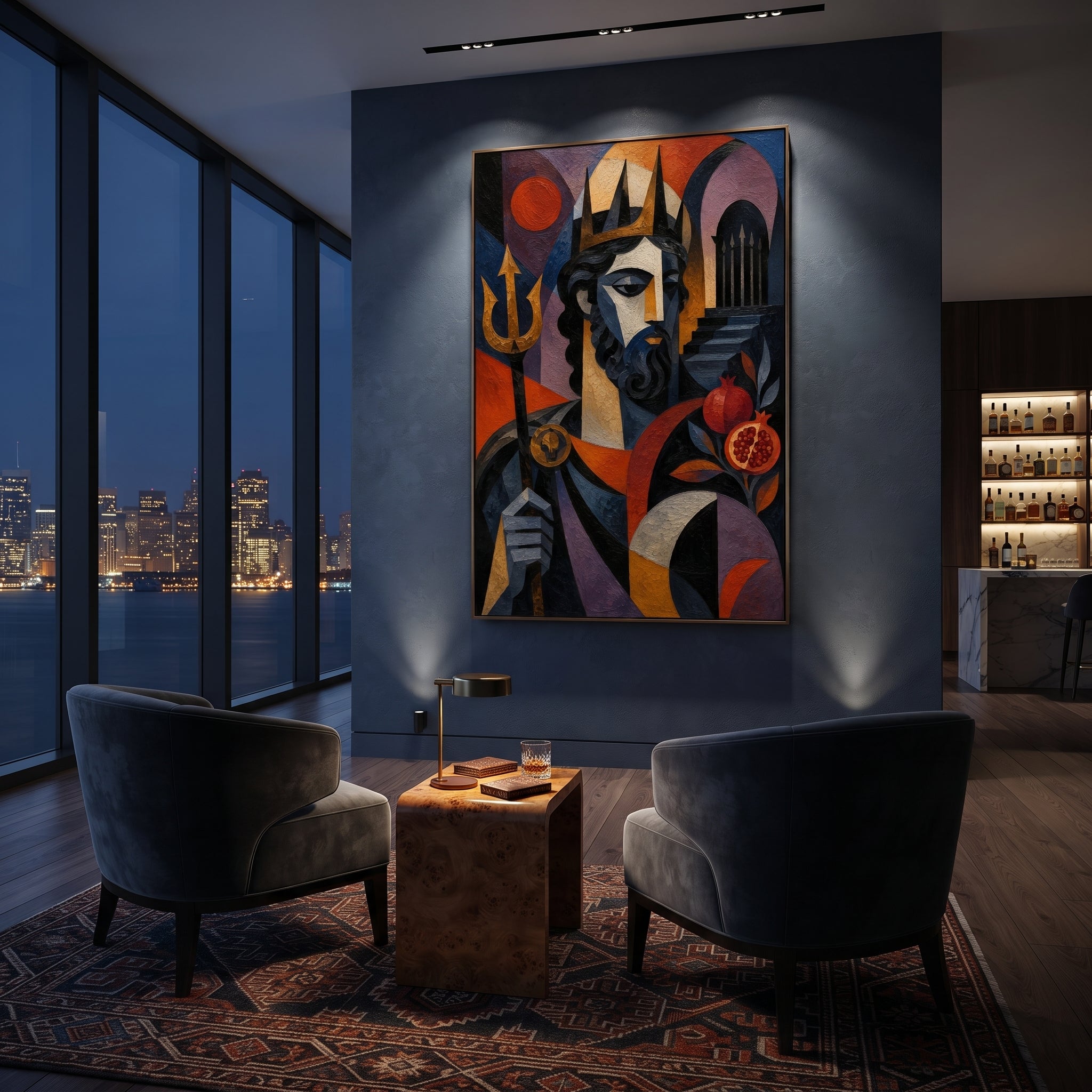 "Poseidon With Pomegranate And Trident" presents the sea god as ruler, obstacle, and judge. The trident anchors his power, the pomegranate suggests underworld debt and ancient vows, and the angular face watches the viewer with stern authority. Rich impasto color gives the portrait a monumental Odyssey presence.