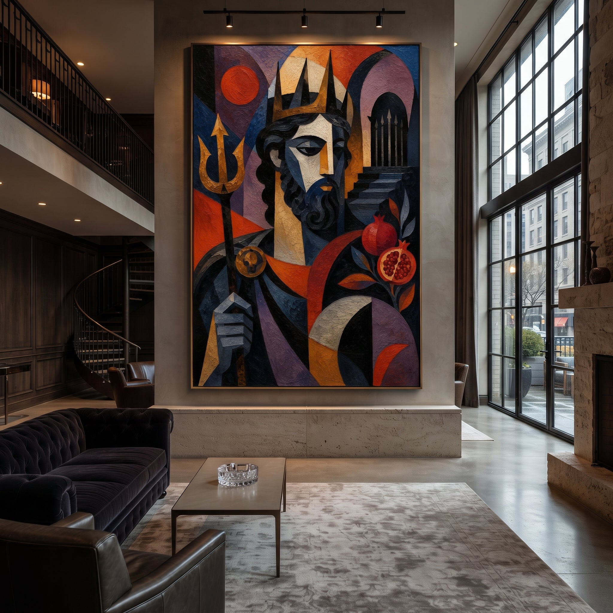 "Poseidon With Pomegranate And Trident" presents the sea god as ruler, obstacle, and judge. The trident anchors his power, the pomegranate suggests underworld debt and ancient vows, and the angular face watches the viewer with stern authority. Rich impasto color gives the portrait a monumental Odyssey presence.
