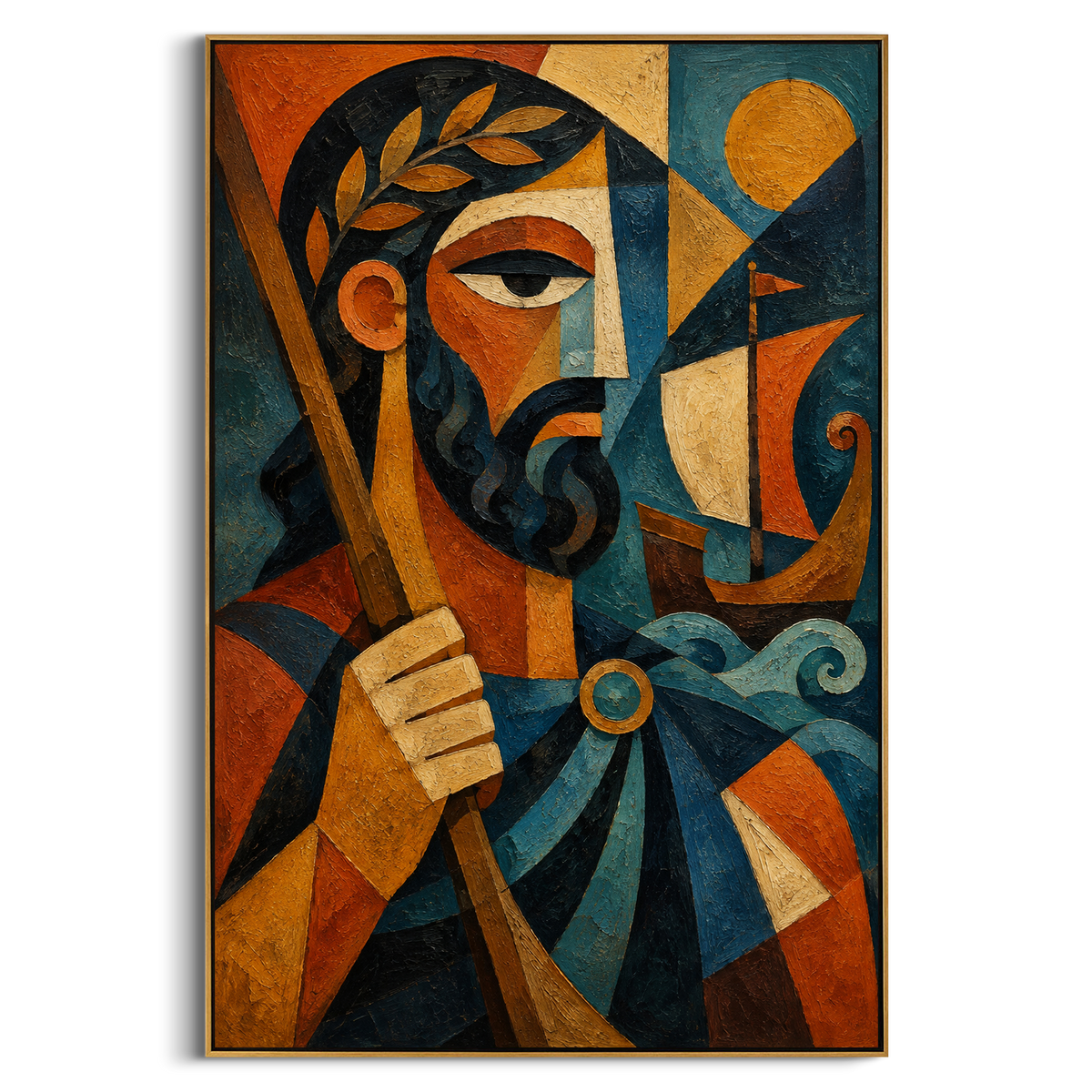 "Odysseus With The Red Sail" - Modern Heavy Impasto Coastal Landscape | Blue & Red Palette Knife Painting | Luxury Vertical Wall Art #PT 1245