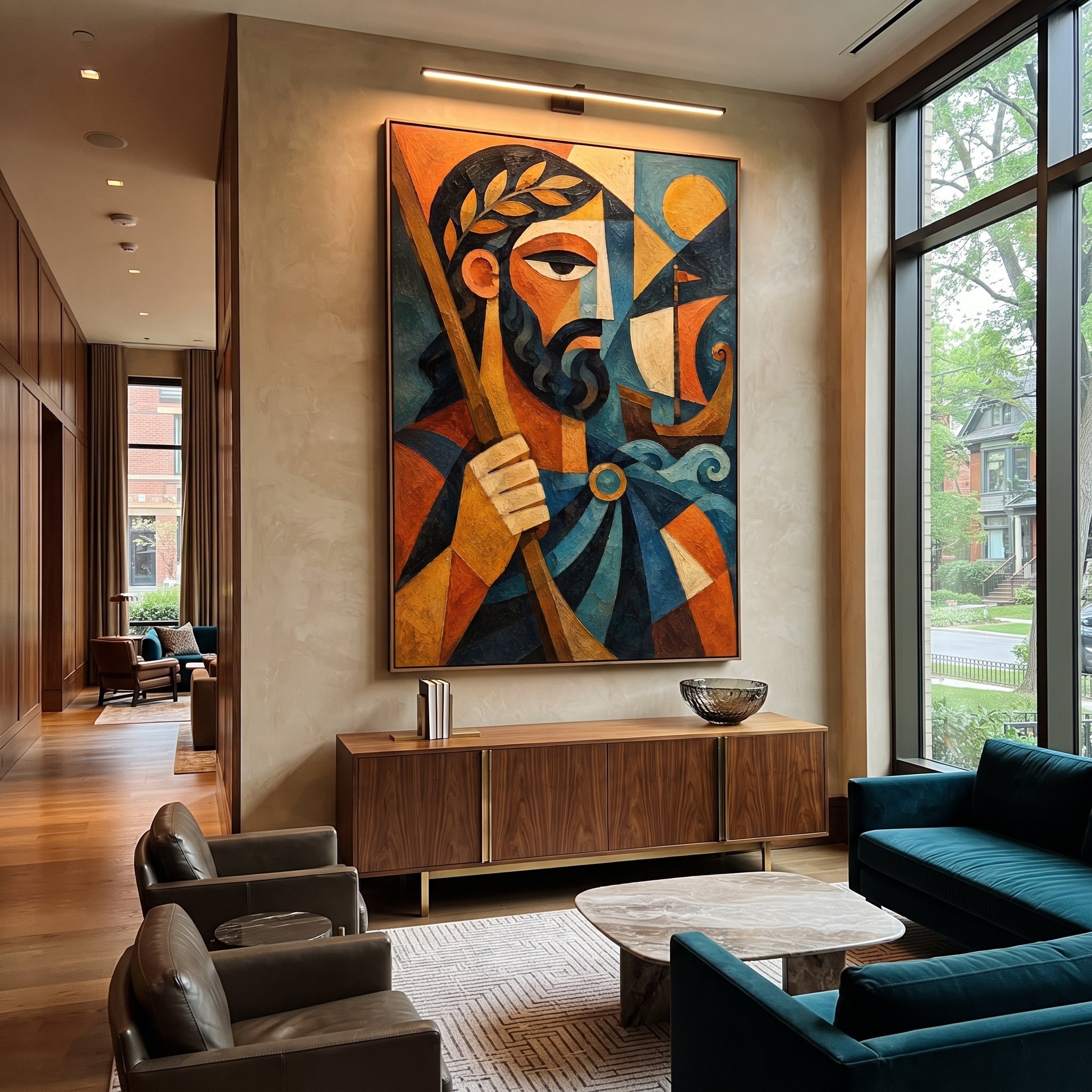 "Odysseus With The Red Sail" turns the hero into a modern icon of endurance. The boat and waves gather beside his face, while the laurel and gold sun suggest victory earned only after exile, trial, and return. Strong geometric color gives the figure a ceremonial Odyssey presence.