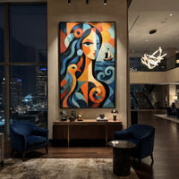 "Athena Watching The Black Sail" presents guidance as a calm face turned toward the voyage. The bird, boat, and spiral waves suggest wisdom watching over the route, while orange and blue geometry gives the goddess a vivid protective force for the homeward journey.