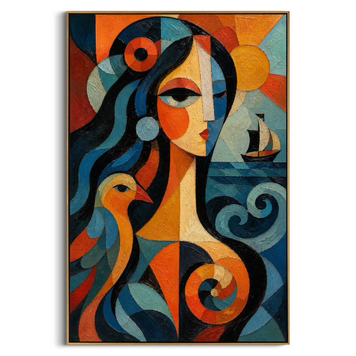 "Athena Watching The Black Sail" - Modern Heavy Impasto Coastal Landscape | Blue & Orange Palette Knife Painting | Luxury Vertical Wall Art #PT 1246