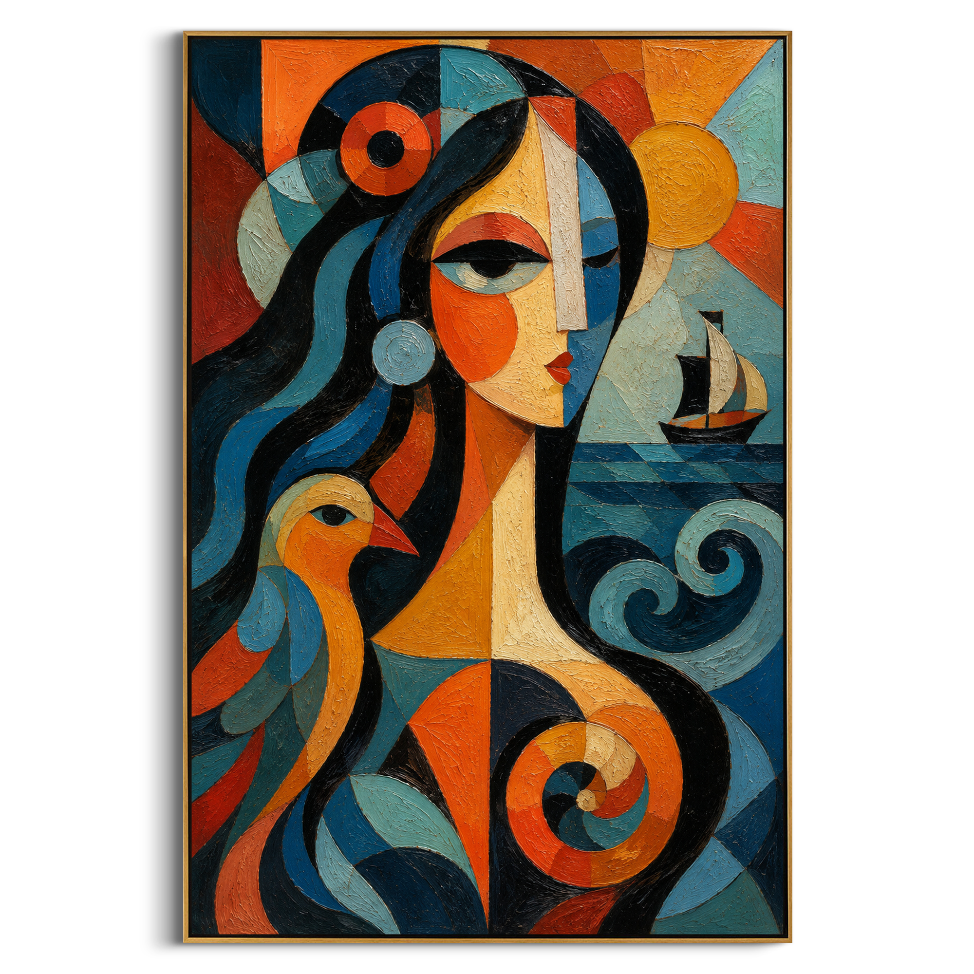 "Athena Watching The Black Sail" presents guidance as a calm face turned toward the voyage. The bird, boat, and spiral waves suggest wisdom watching over the route, while orange and blue geometry gives the goddess a vivid protective force for the homeward journey.